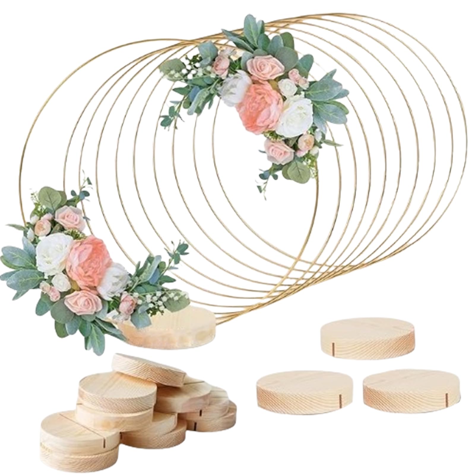 Kalttoy Fashionable Sturdy Metal Florals Rings with Stylish Wood Stands for Wedding Desktop Decoration Wall Art and Craft Wedding Centerpieces