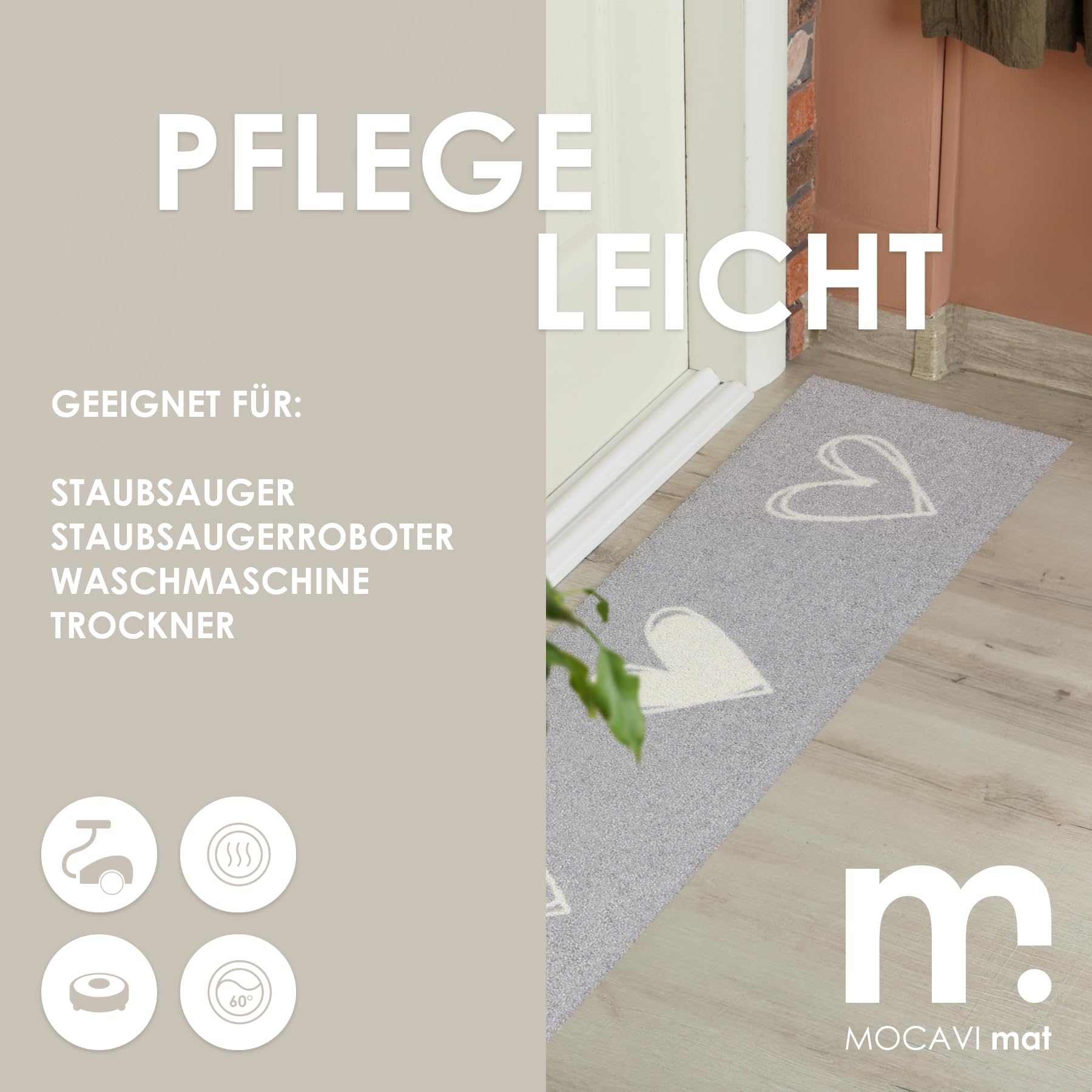 MOCAVI Mat Fußmatte Schuhparkplatz Herzen hell-grau 30x100 cm Schuh-Teppich lang, schmal, Schuhe ausziehen, Deko sbereich innen, außen, Matte, Haustür, Stiefelmatte