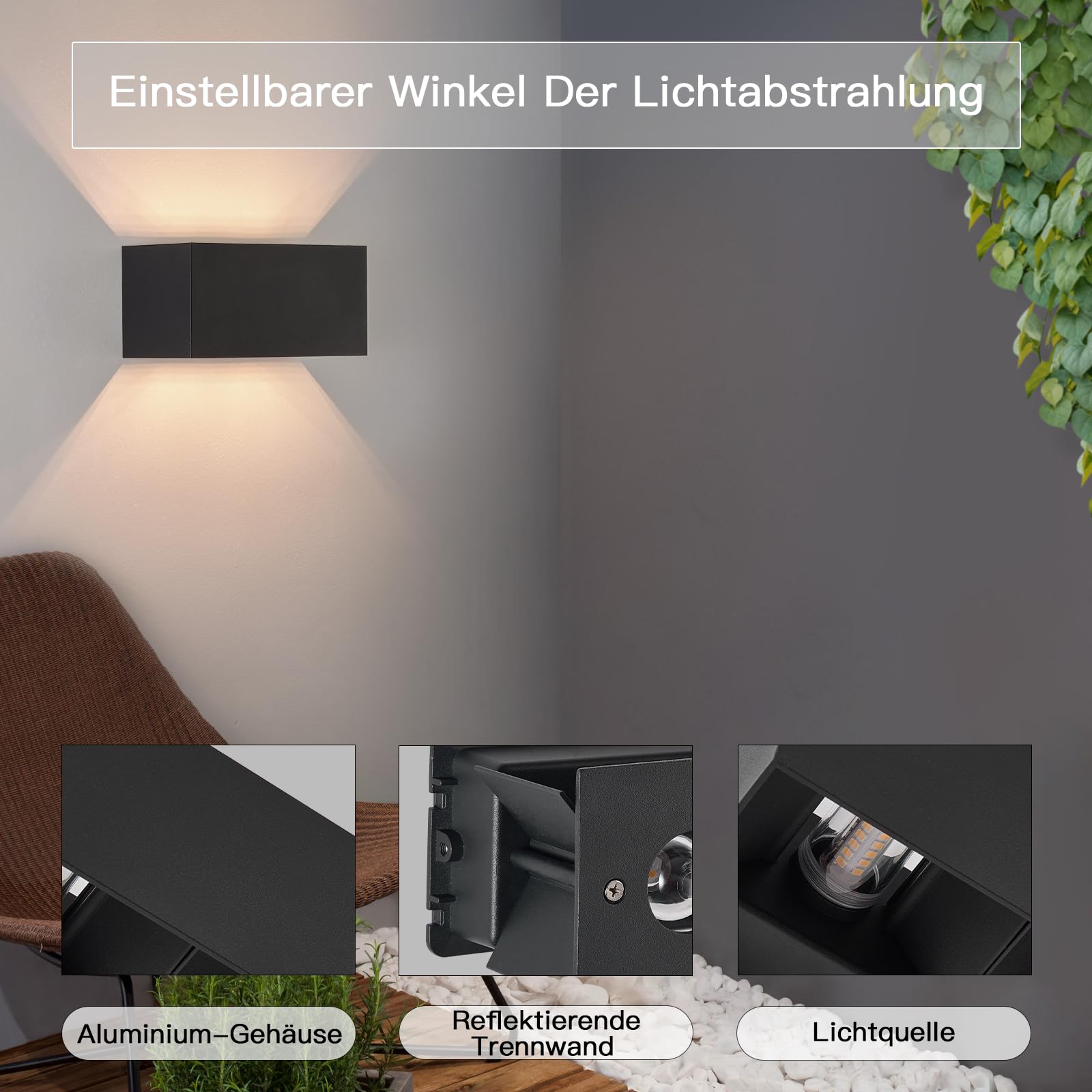 Homefire Lot de 4 appliques murales extérieures LED - Lampe murale extérieure noire, étanche IP65, projecteur mural moderne 3W, lumière blanche chaude réglable G9, pour jardin, terrasse, couloir