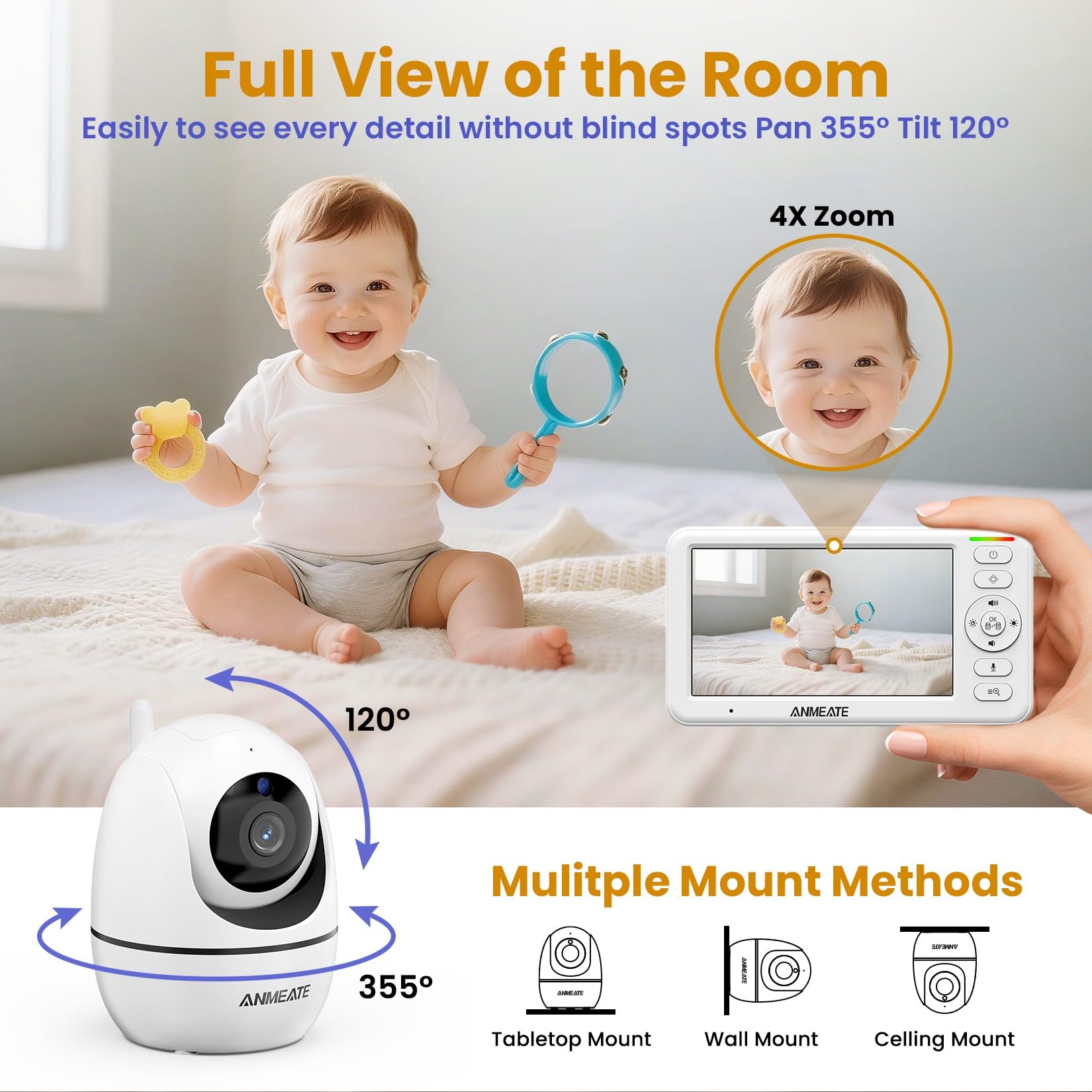 Moniteur bébé avec caméra et audio: caméra bébé 720p sans WiFi, affichage HD 5 pouces, panoramique à distance, inclinaison et zoom, 48 heures d'autonomie de la batterie, vision nocturne HD