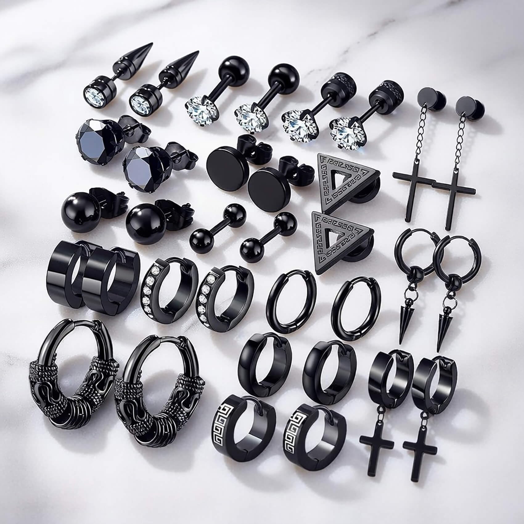 17 Pairs Earrings for Men, Stainless Steel Earrings For Men Sensitive Skin, Fashion Earring Piercing Jewelry Cross Dangle Hoop Earrings Kit Studs Long-lasting Shine