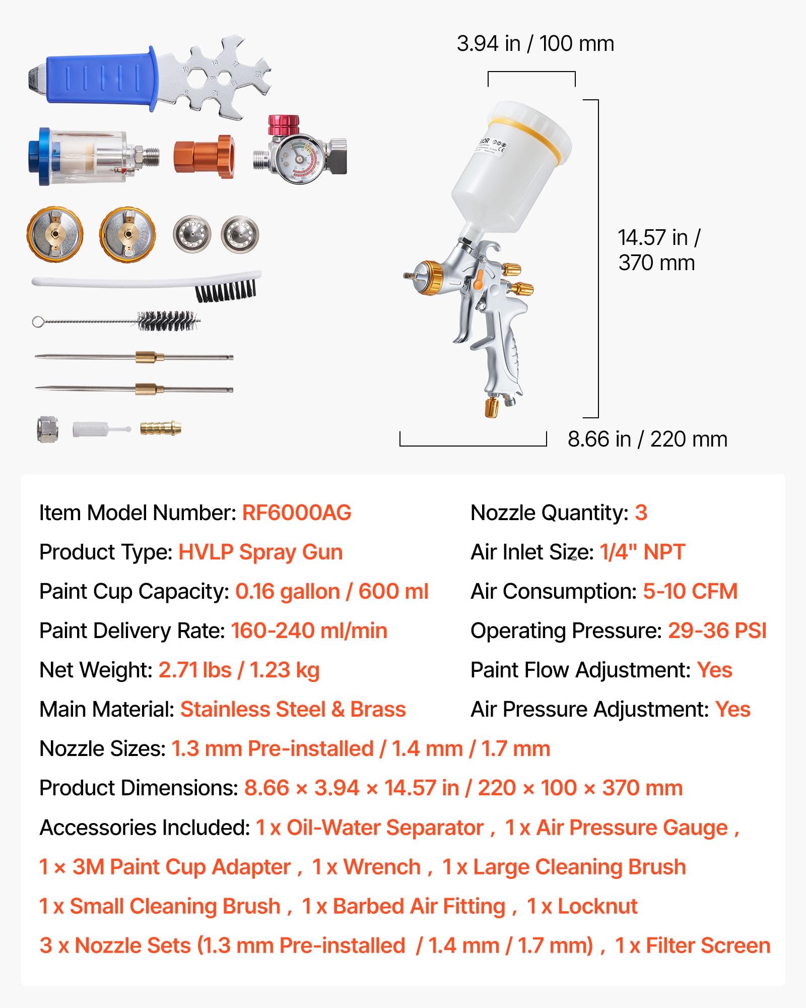 VEVOR Pistola a Spruzzo Pneumatica a Gravità HVLP 600mL con 3 Ugelli 1,3/1,4/1,7 mm, Kit di Spruzzatore ad Aria Compressa, Pistola per Verniciatura Pneumatica HVLP per Auto, Pareti