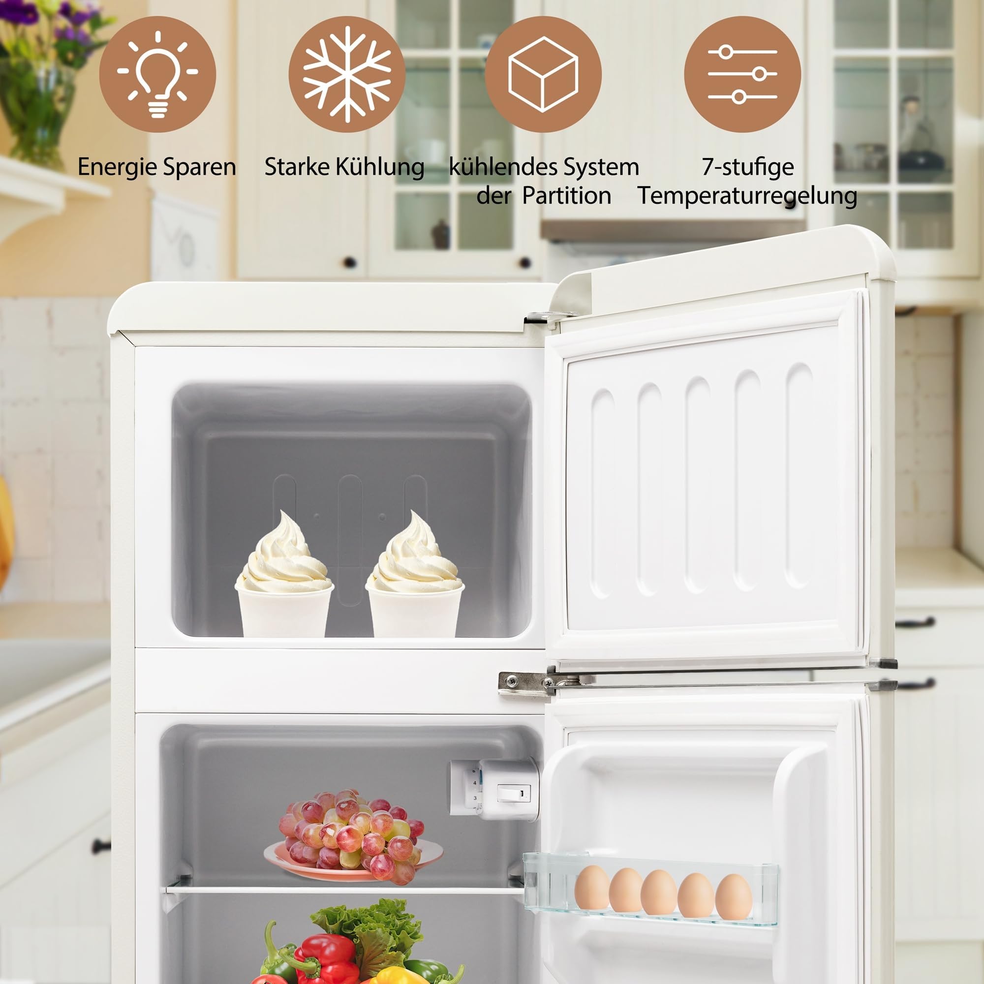 Retro-Kühlschrank, Kühl-Gefrier-Kombination, 92 Liter (mit 28 Liter Gefriervolumen), 116 kWh/Jahr, 105.5 cm hoch, Zweitürig, -27°C ~13°C, LED-Licht, Weiß