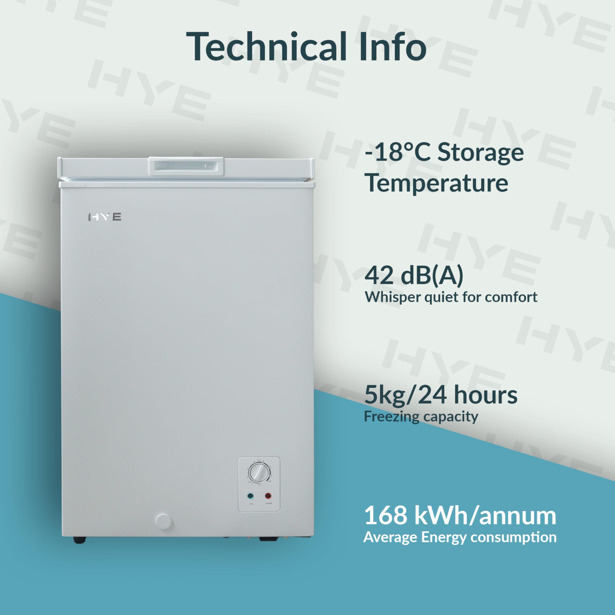 HYE Chest Freezer - 96L Freezer, Quiet 42 dB Operation, Mechanical Temperature Control, Freestanding Design, White, Suitable For Garages & Outbuildings - RF01CF96W24 — view 5
