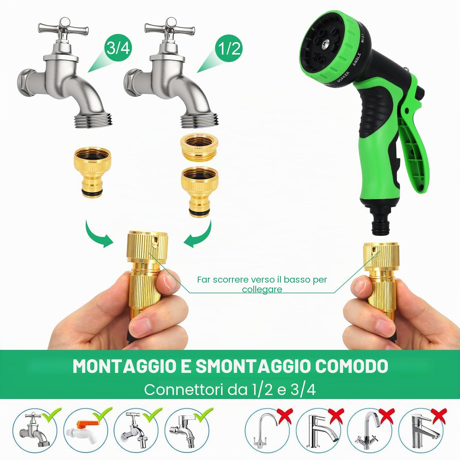 Tubo da giardino espandibile da 30 m con ugelli a 10 funzioni, dotato di raccordi da 3/4 pollici e 1/2 pollici, tubo flessibile dell'acqua a prova di perdite, tubo telescopico per giardinaggio