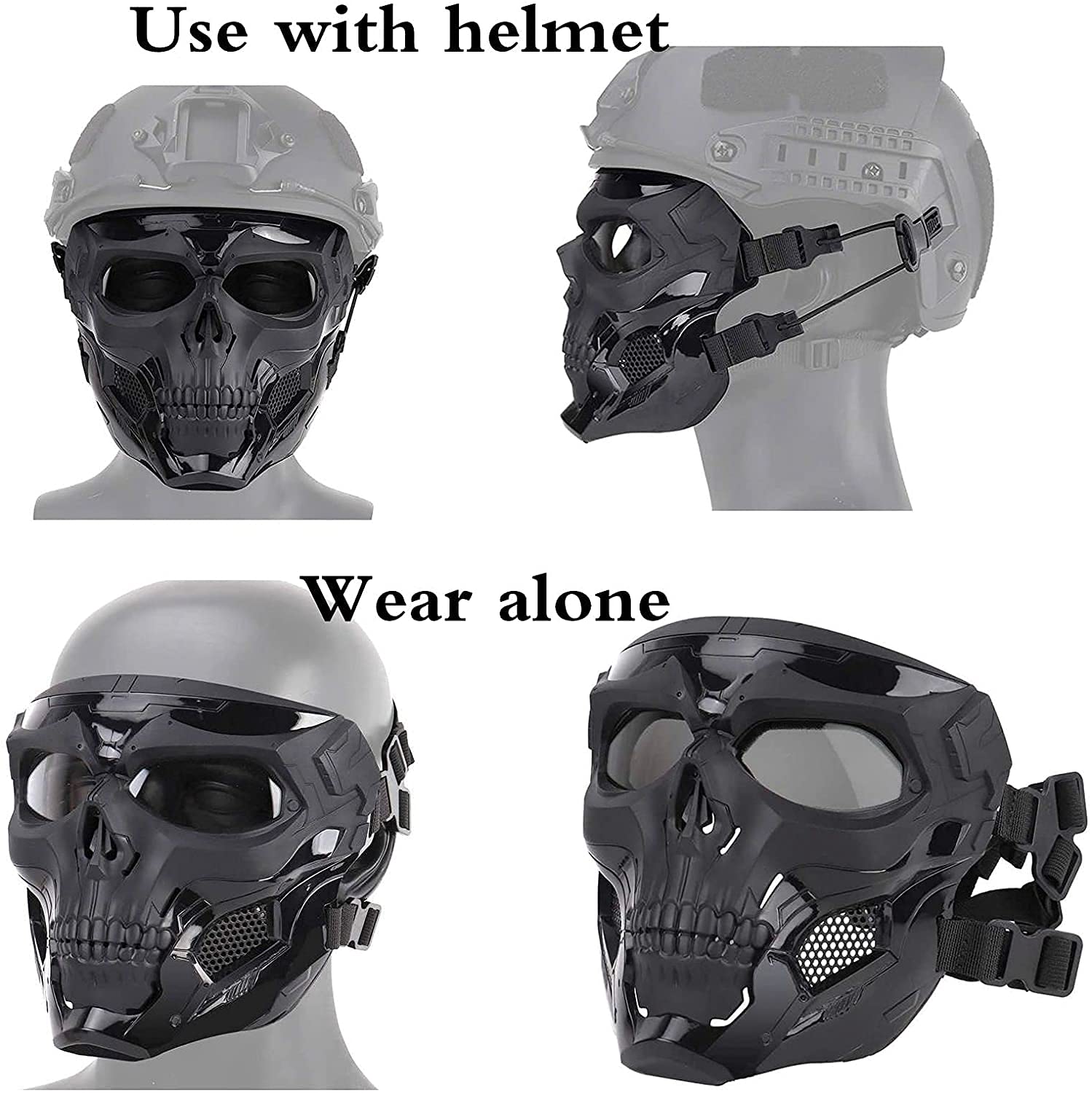 Tactical Airsoft Skull Máscara Completa Máscara de Tela elástica Máscara con Capucha Tocado, Diseño de Uso de Modo Dual, Correa de Hombro Ajustable