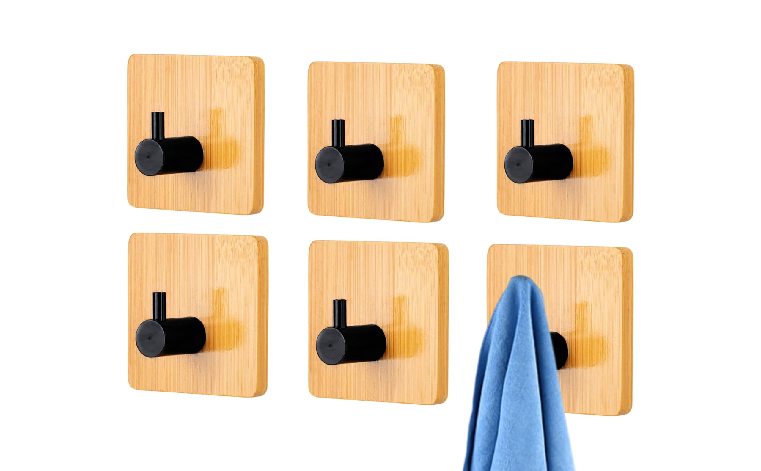 JIALTO 6 pcs Wooden Bathroom and Kitchen Hook, Self Adhesive Wall Hook - Essential Bathroom Accessories, Stylish Home Decor Items, Durable Kitchen Accessories Items (Square Black Wooden)