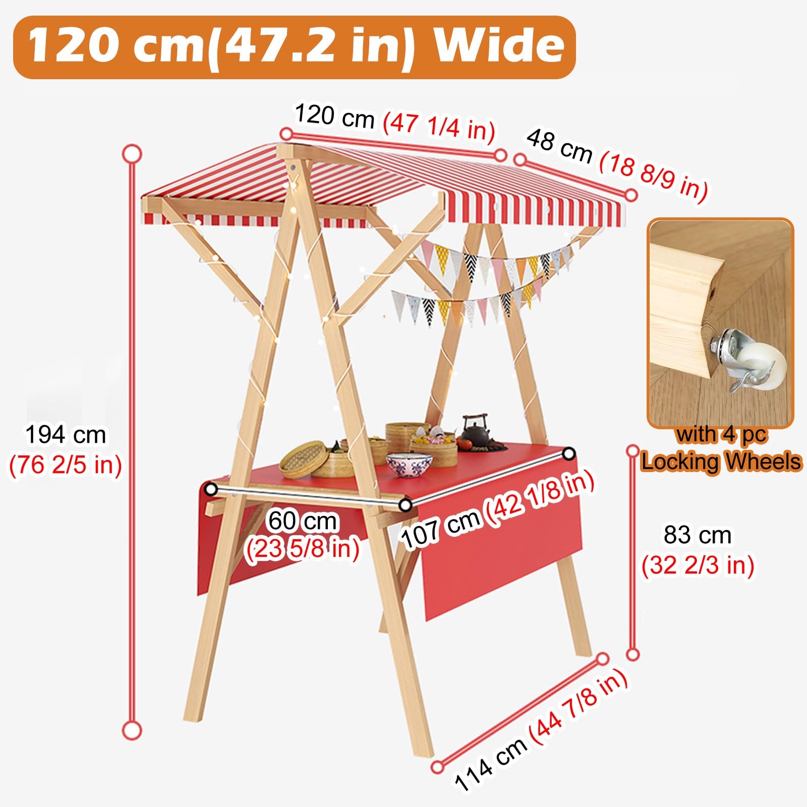 Carro de venta móvil plegable con toldo, carrito de empuje de 4 ruedas para comida callejera, flores, helados, perros calientes, ideal para mercados y eventos al aire libre