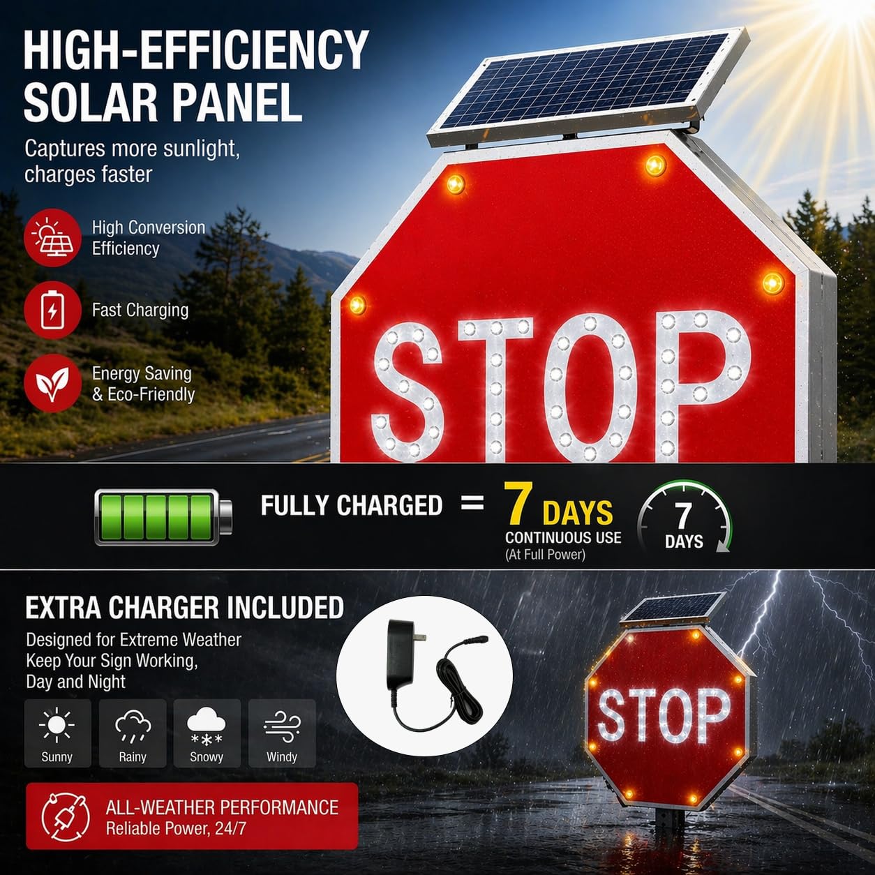 Señales de parada LED de energía solar intermitente, octágono, camino de tráfico, señal de advertencia parpadeante, marco de metal de aluminio resistente al óxido, película reflectante 3M de grado de