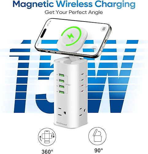 Miniatura 3 de Regleta protectora contra sobretensiones en torre con 3 salidas de CA y 8 puertos USB (4 USB-C), estación de carga rápida TenTrend de 160 W, cable