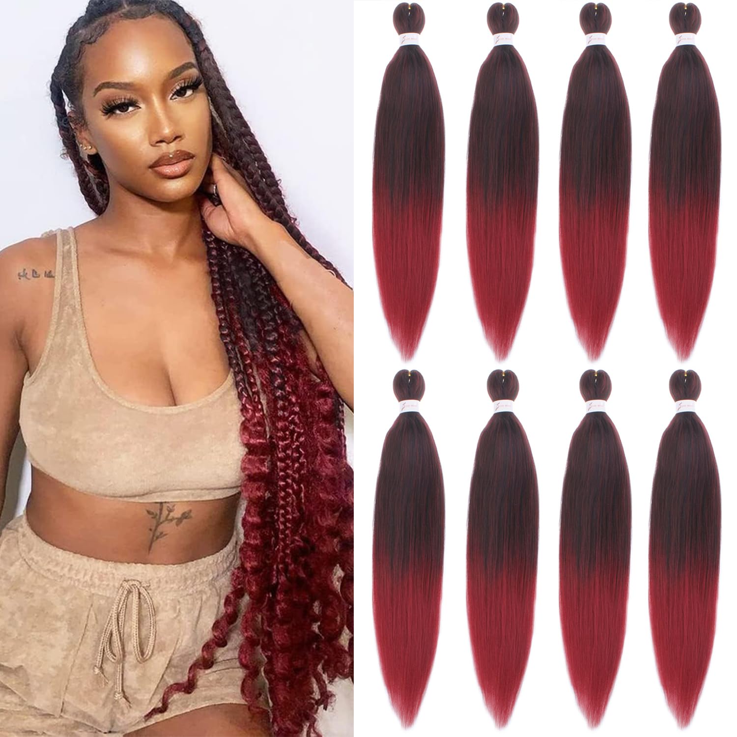 Mscat 30 Inch 8 Packs Pre Stretched Braiding Hair Ombre Bungundy Pre Stretched Braiding Professional Synthetic Prestretched Crochet Braids Hair Extension Hot Water Setting Yaki Texture (1B900#)