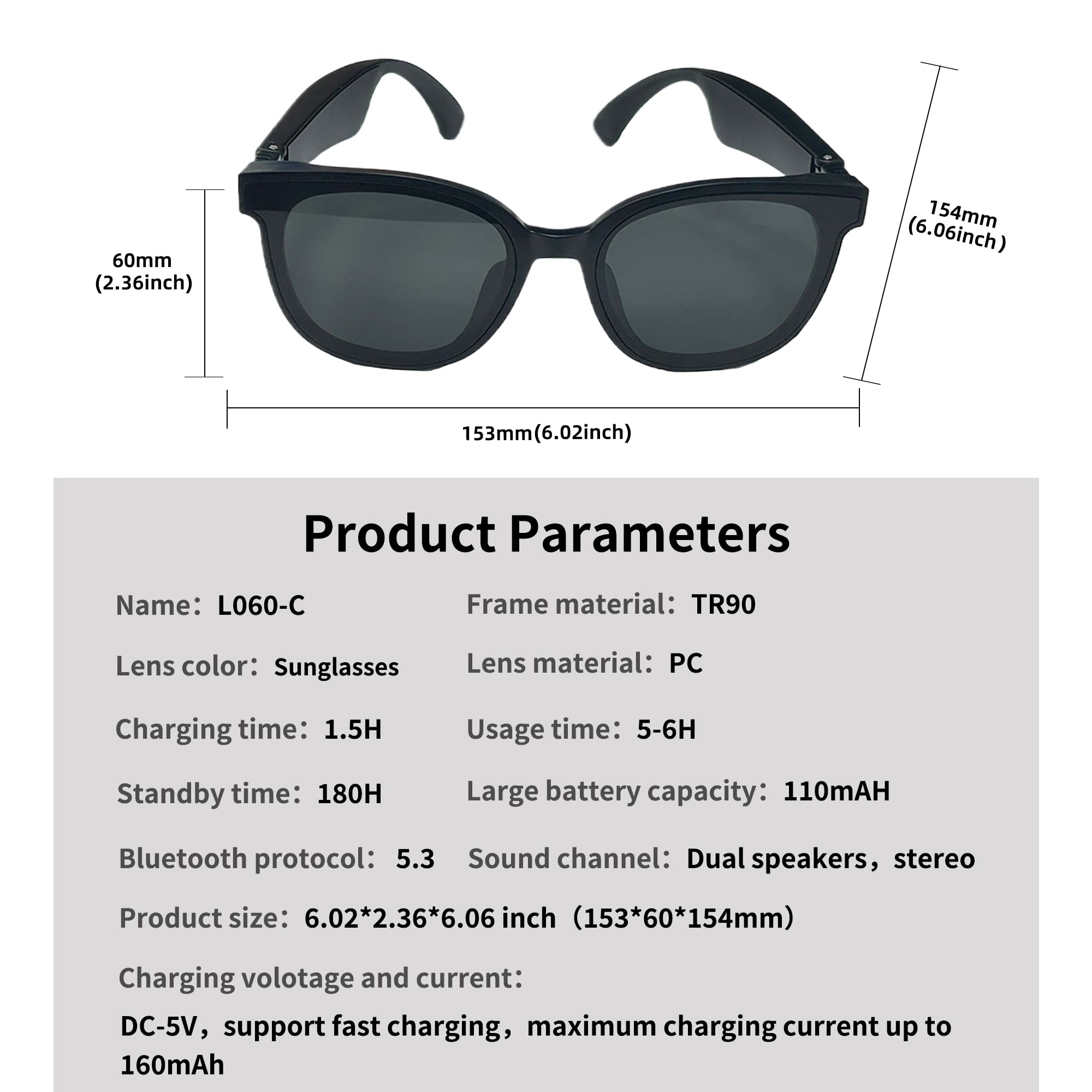 Intelligente Bluetooth-Sonnenbrille, polarisierte Sonnenbrille, integriertes Mikrofon und Lautsprecher, L060-c
