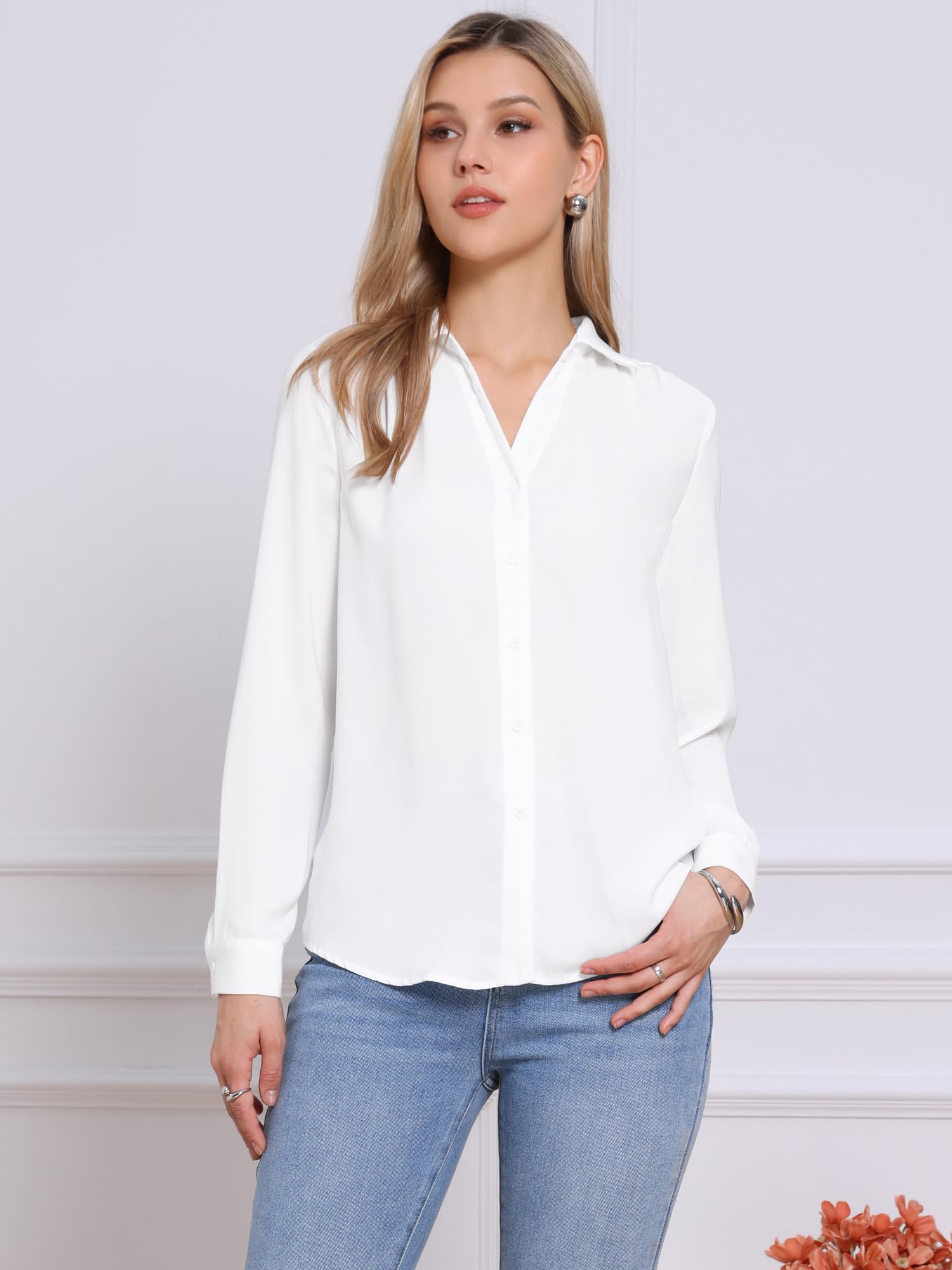 Allegra K Camicia con colletto button down per donna a maniche lunghe 2025 camicetta casual da lavoro