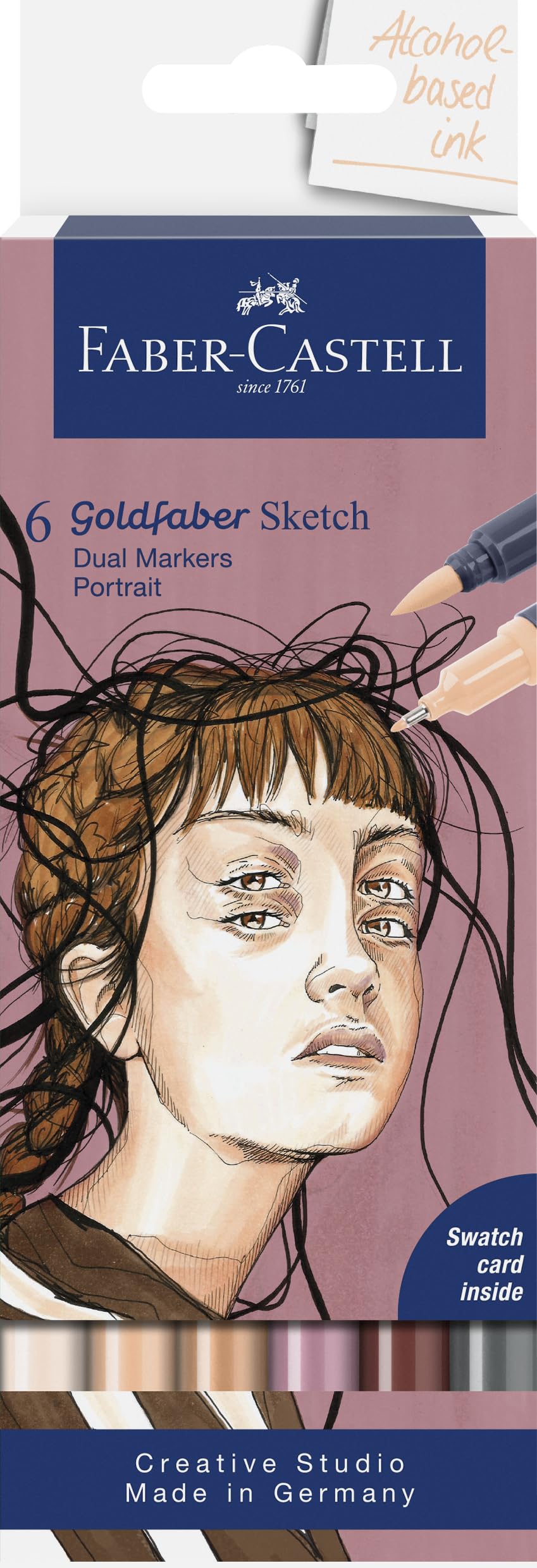 Faber-Castell Goldfaber Sketch Marker Portrait 164812 Pack of 6 Alcohol Markers with Brush Tip and Fineliner Tip