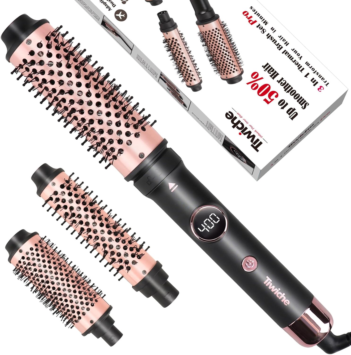 Thermal Brush Set, 3-in-1 Non-Blowing Heated Round Brush with Adjustable Temp, Fast Heating Titanium Ceramic, Dual Voltage, Hair Curling Iron with Detachable Barrels (1.18/1.5/1.77")