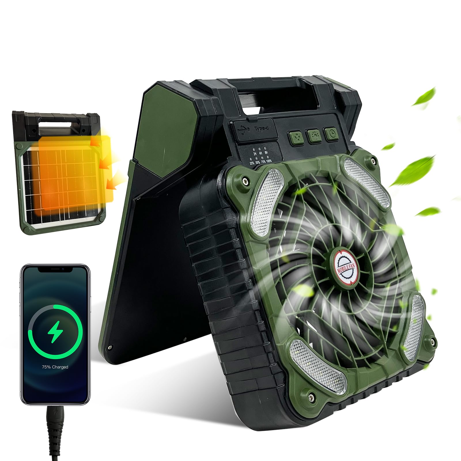 GY Ventilatore da campeggio con timer, 4 velocità, ventilatore USB ricaricabile 10400 mAh, solare portatile per pesca