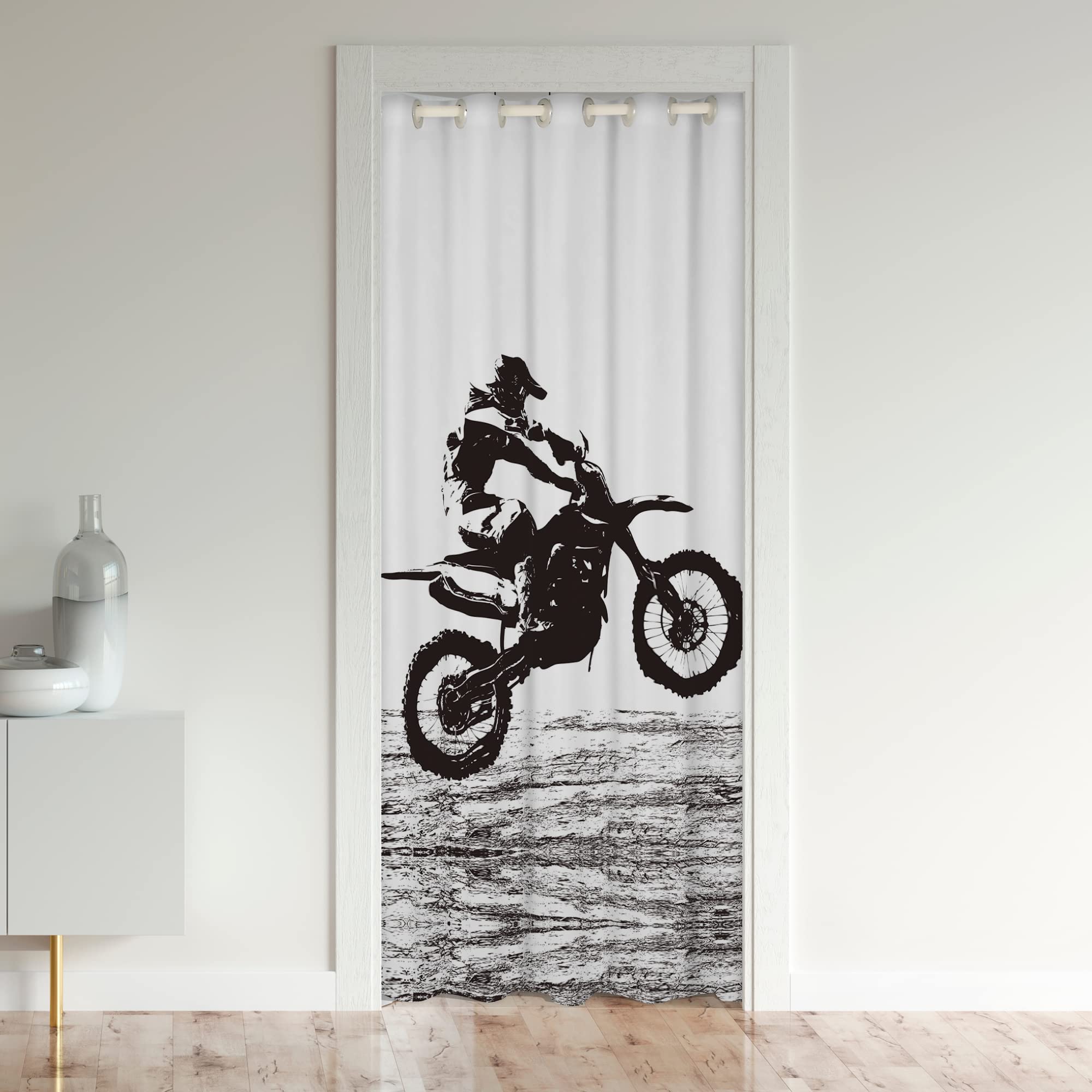 Loussiesd Dirt Bike Door Curtain for Doorway Privacy Extreme Sports Closet Door Cover Curtain for Bedroom Living Room Racing Motocross Rider Black White Room Divider Curtain Cover 106x203cm 1 Panel — image 1