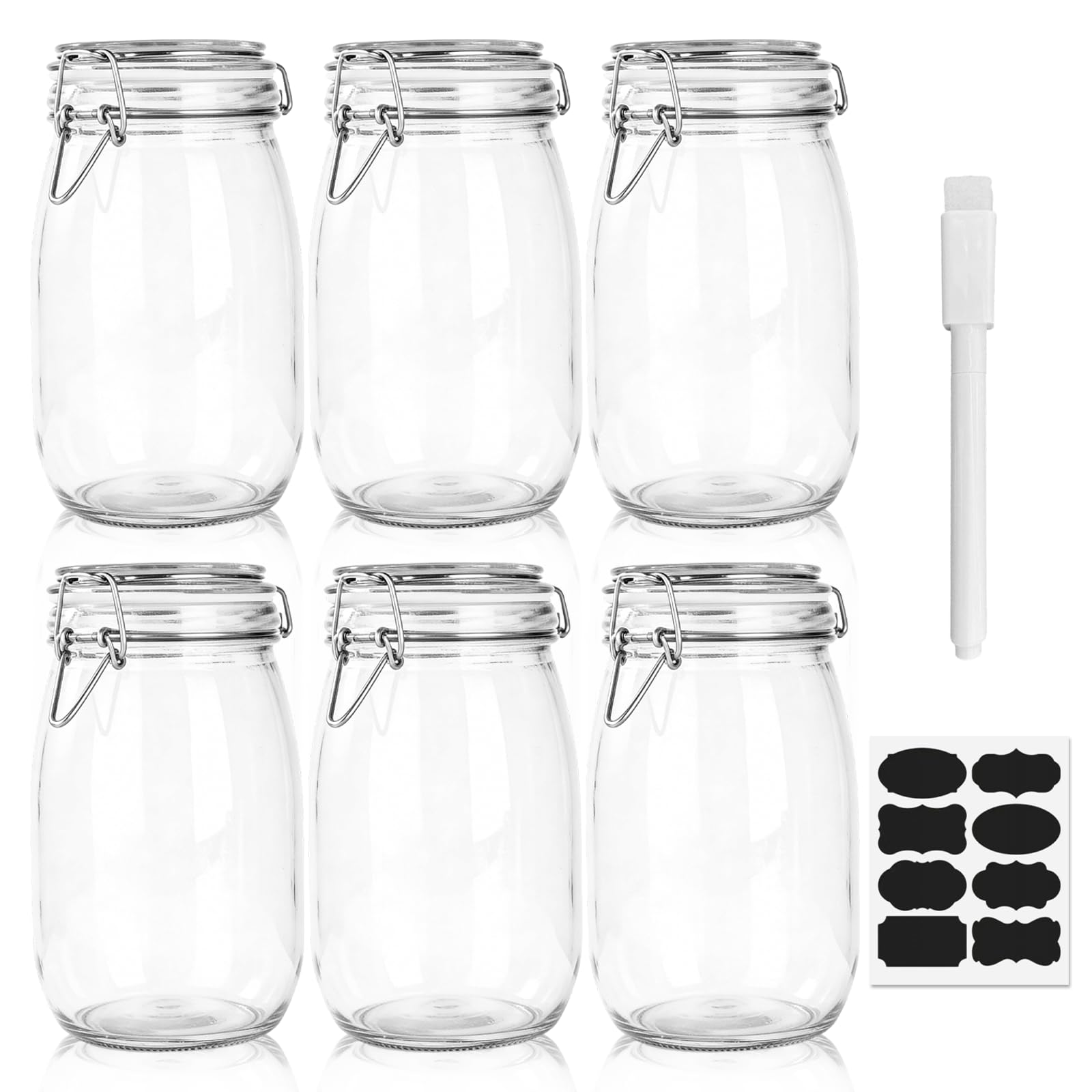 Eidoct Set di 6 barattoli in vetro con coperchio ermetico e guarnizione in silicone, 1,5 litri, con chiusura a clip, per conservare alimenti, pasta, caffè, zucchero, avena, lievito naturale e