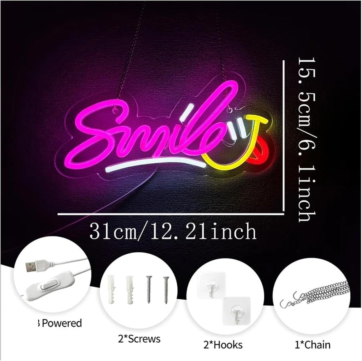 Insegna al per neon con scritta "Smile" e lettere a per LED per addio nubilato, matrimonio, 31 cm x 15,5