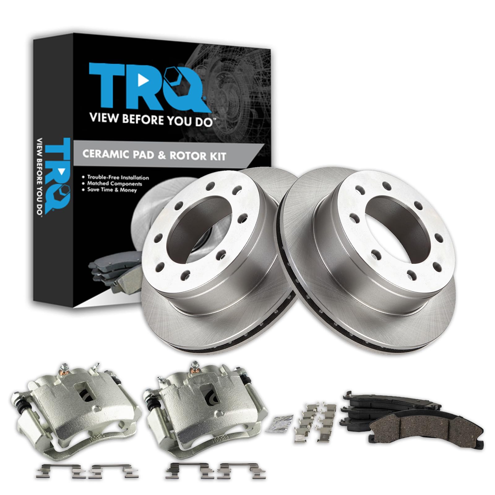 TRQ Rear Brake Pad, Caliper, &amp; Rotor Kit Ceramic Compatible with 2009 Chevrolet Express 3500 2009-2016 GMC Savana 3500
