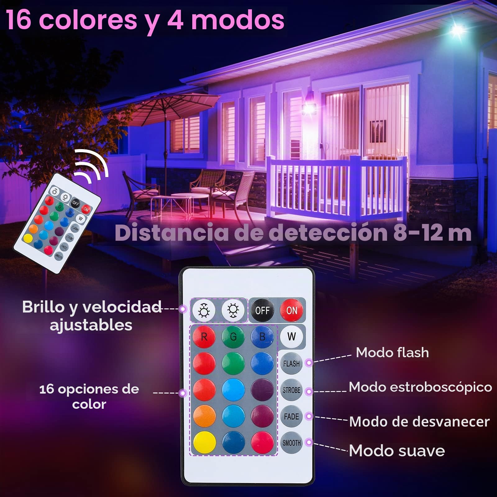 Foco RGB de 10 W, 8 unidades, foco LED RGB con mando a distancia, foco LED RGB regulable con 16 colores, 4 modos, IP66 resistente al agua, foco RGB exterior para fiestas, jardín, luz ambiental