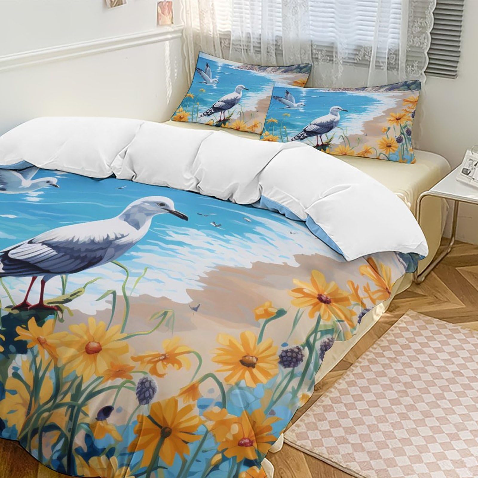 Sunflower Beach of La Concha Seagulls Sea Funny 3 Piece Bedding Comforter Sets 1 Duvet Cover and 2 Pillowcases 102