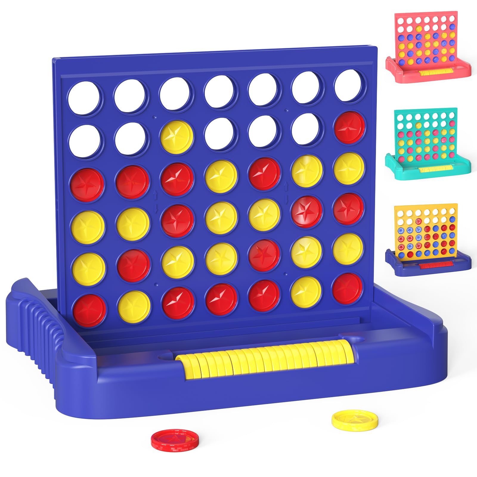 4 in a Row Board Games for Kids Ages 3+, Early Idea for Boys Girls Teens, Connect & Win Four in a Line, Portable 2-Player Strategy Games,Foldable Design with 6 Spare Discs (Blue)