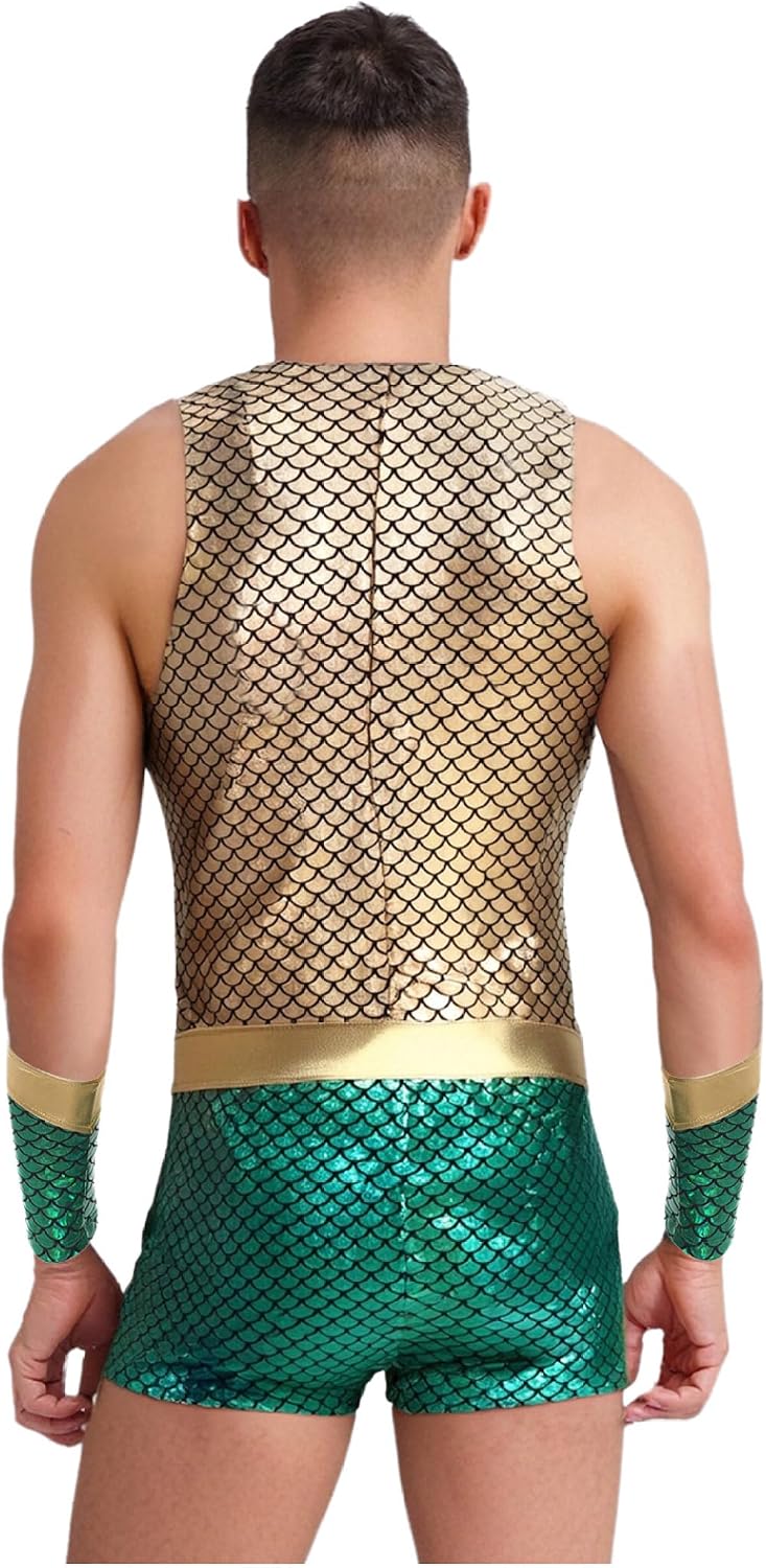 Men Halloween Cosplay Costume Sea King/Sea God Fish Scales Print Bodysuit with Arm Sleeves