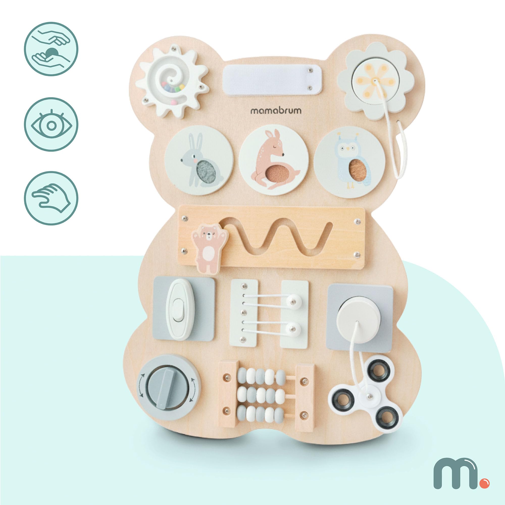 mamabrum Tabla Sensorial Montessori Oso – Juego Educativo Manipulación & Motricidad, Laberinto, Velcro, Enchufe & Botón Clic, Madera Sólida, Desarrollo Coordinación Bebés Niños