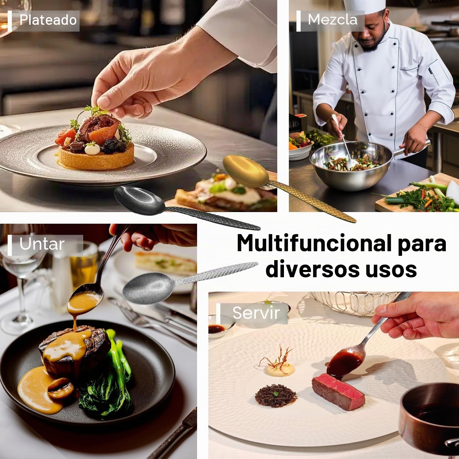 Kunz Stytle Spoons - Juego de cucharas de chef profesionales para untar, chapar, quenelle, servir, salsas, juego de cucharas de inspiración vintage de 8 y 9 pulgadas, herramientas de chapado