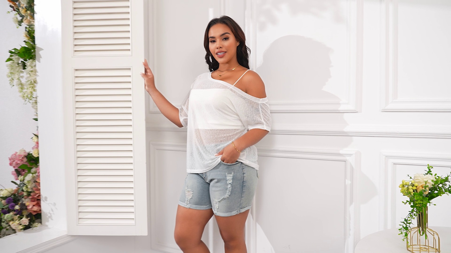 Hilinker Womens Plus Size Sexy Sheer Mesh Top Off Shoulder Short