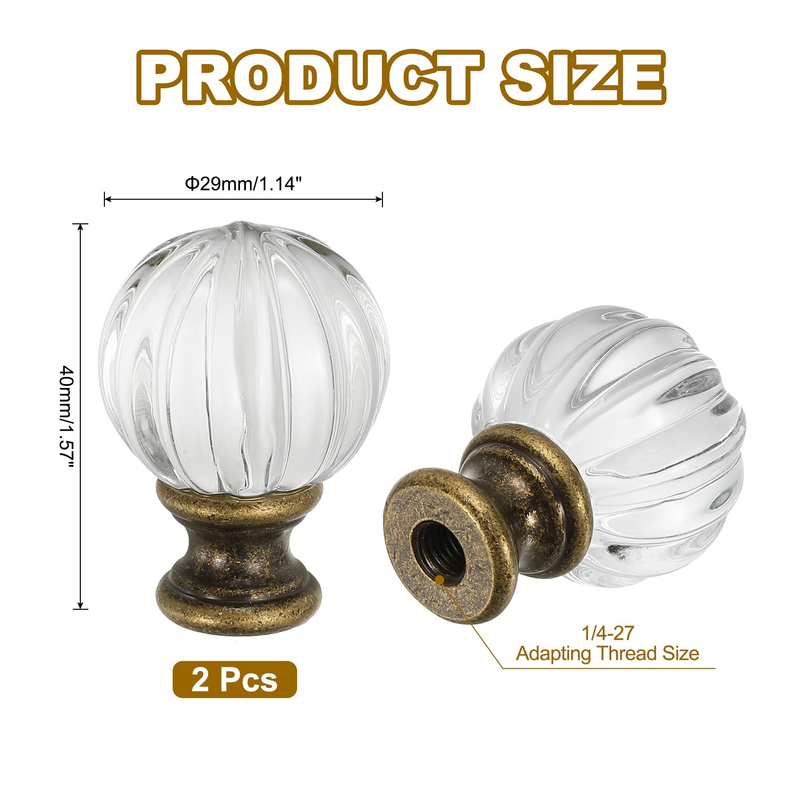PATIKIL 1/4-27 Lamp Finial Cap for Lampshade Harp Top 2Pcs Cap Nut Screw Cap Knob Clear Pumpkin Ball Shaped Crystal Lamp Shade Decoration for Table Floor Lamp Bronze Tone - Image 2