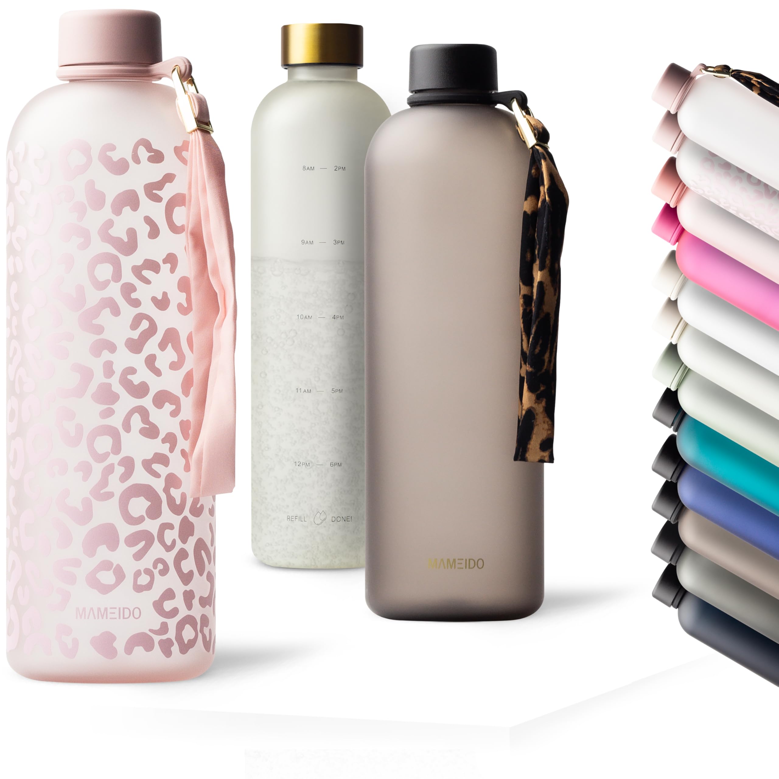 MAMEIDO Trinkflasche mit Zeitmarkierung 1,5 l Kohlensäure geeignet, auslaufsichere Water Bottle, Wasserflasche BPA frei für Sport, Gym & Büro (Wild Candy)