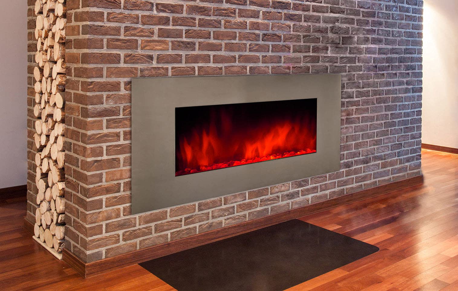 CHEMIN'ARTE Caminetto elettrico XXL da parete in acciaio Inox - Effetto fiamma a LED - 122x16x52cm