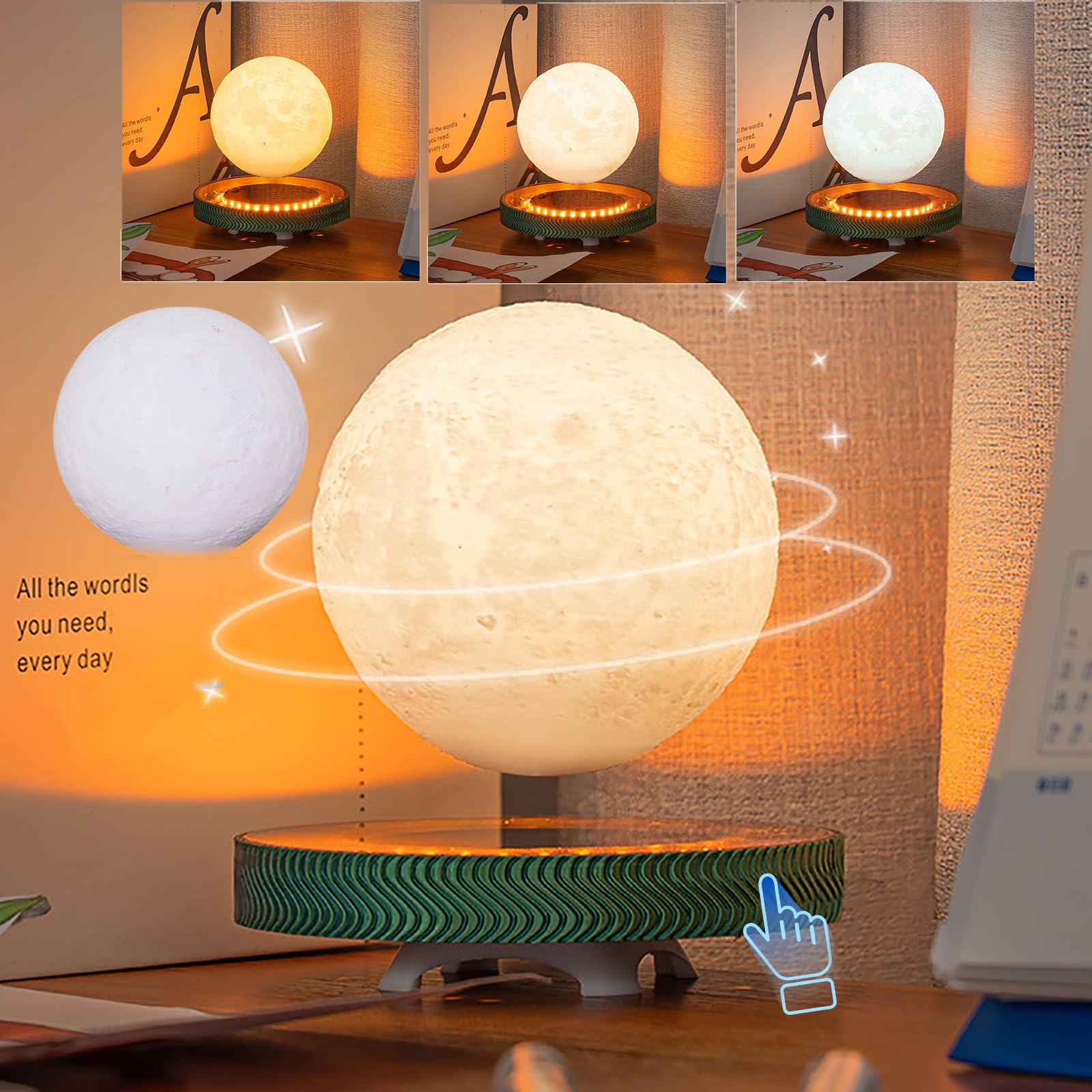 SXDMOUBK Moon Lamp Magnetic Levitating 3D Printing Moon Light with Luminous Base Spinning Luna Night Light with 3 Color Modes Touch Control Levitating Moon Light for Bedroom Office,White