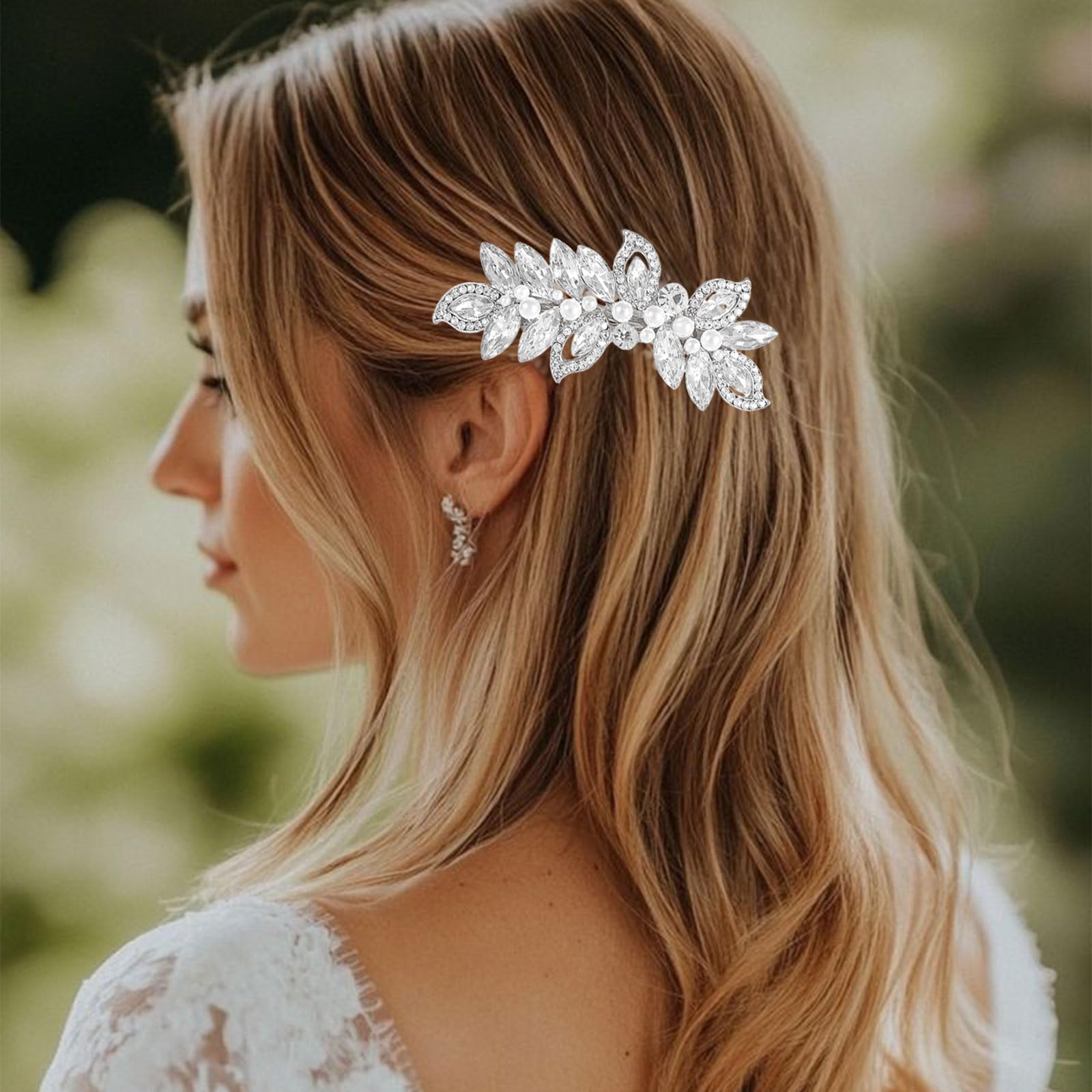 LunarCharm Fermagli per capelli con perle, accessori da sposa argentati per donne, forcine scintillanti con cristalli, fermagli a forma di foglia per matrimonio, sposa, capelli lunghi