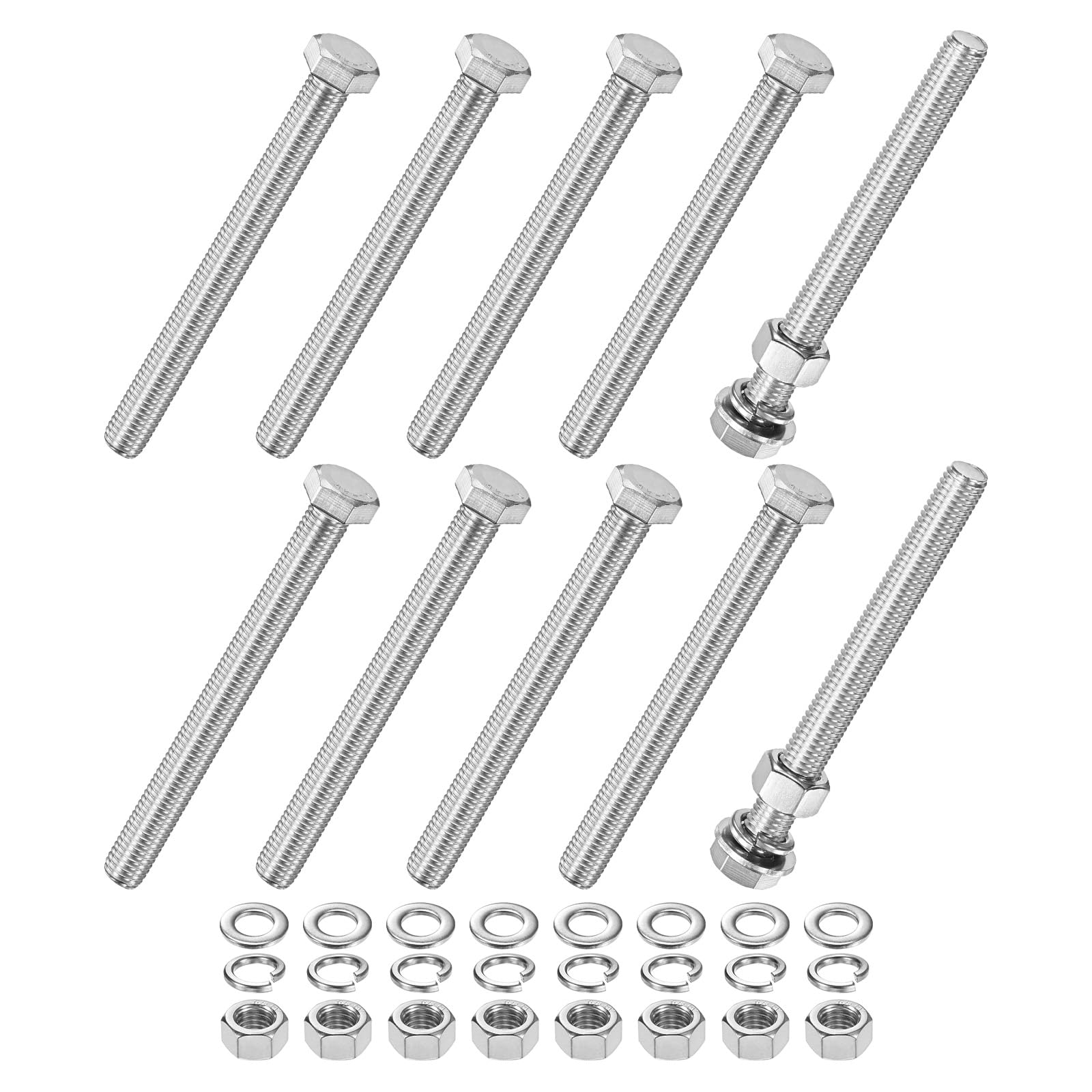 M METERXITY 10-Pack Hex Head Screw Bolt with Nuts Flat & Lock Washers M12x120mm Stainless Steel Bolts and Nuts Kit Fully Threaded Metric Bolt Assortment for Equipment/Machinery