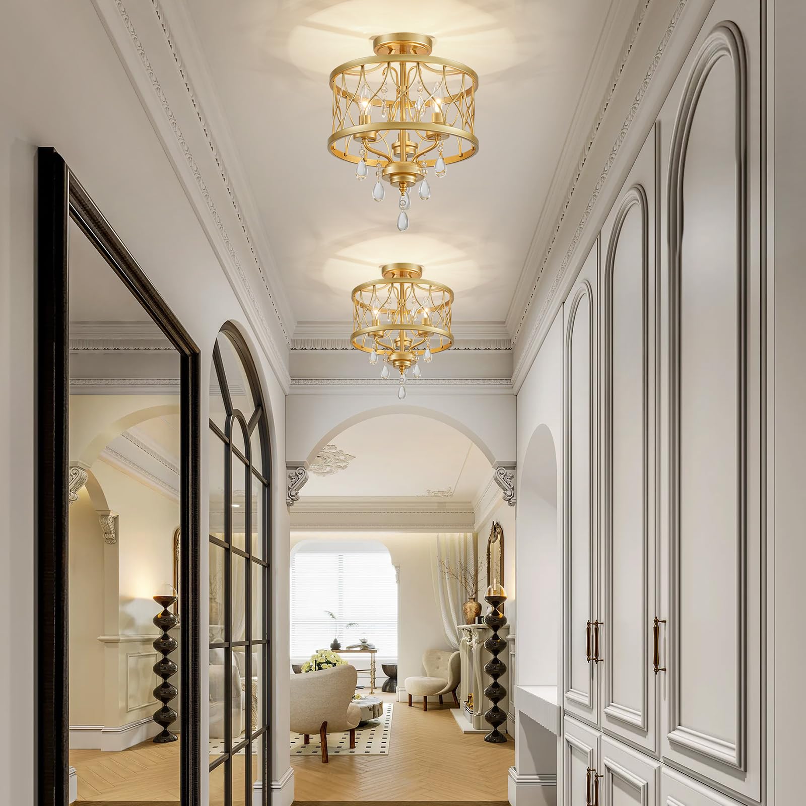 WUZUPS lustre 3-lumière vintage ferme industrielle semi-flush montage plafond luminaire éclairage moderne pour foyer chambre couloir chambre de stockage cuisine, H 40,6 x L 32,5, E14 Base, or