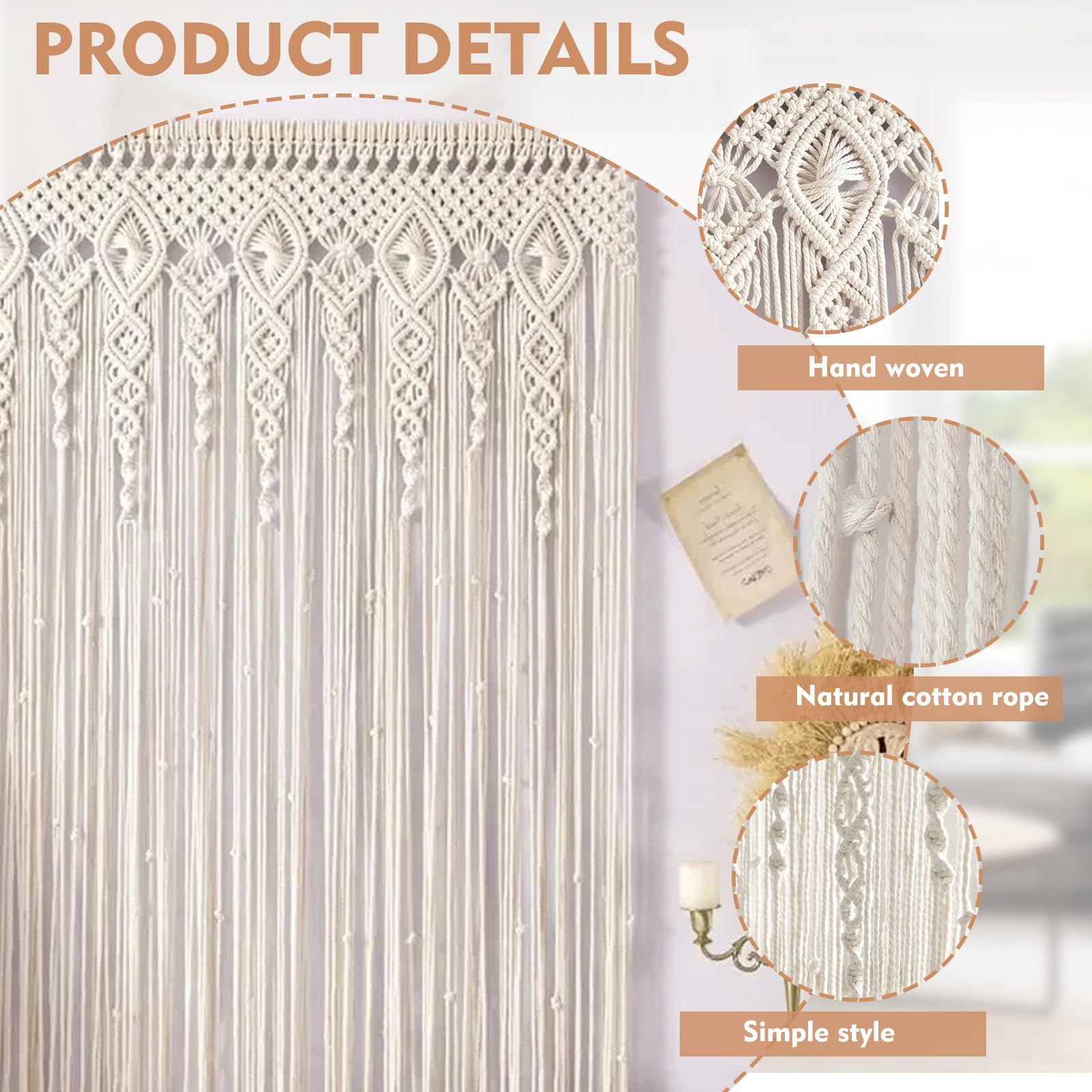 Makramee Vorhang Tür, Boho Türvorhang, ‌Handgewebte Makramee Wandteppich, Fadenvorhang für Raumteiler Hochzeit Hintergrund Inneneinrichtung (100 * 200cm)