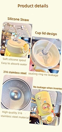 Miniatura 6 de Kawaii Bear - Botella de agua con popote y correa para el hombro, a prueba de fugas, de acero inoxidable al vacío, sin BPA, lindas botellas de agua