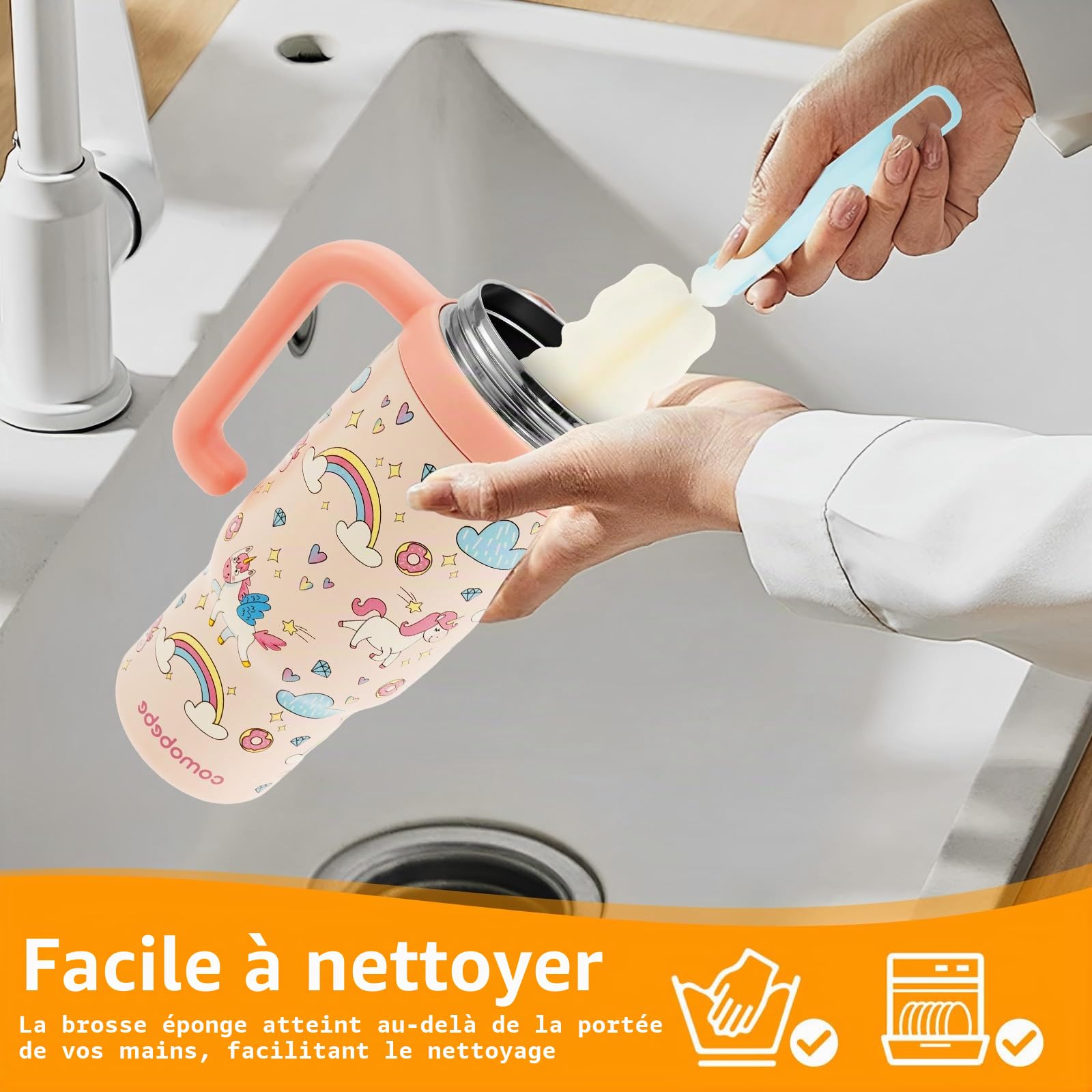 Gobelet de fontaine en acier inoxydable 710 ml anti-fuite avec couvercle anse paille pour enfants adolescents adultes