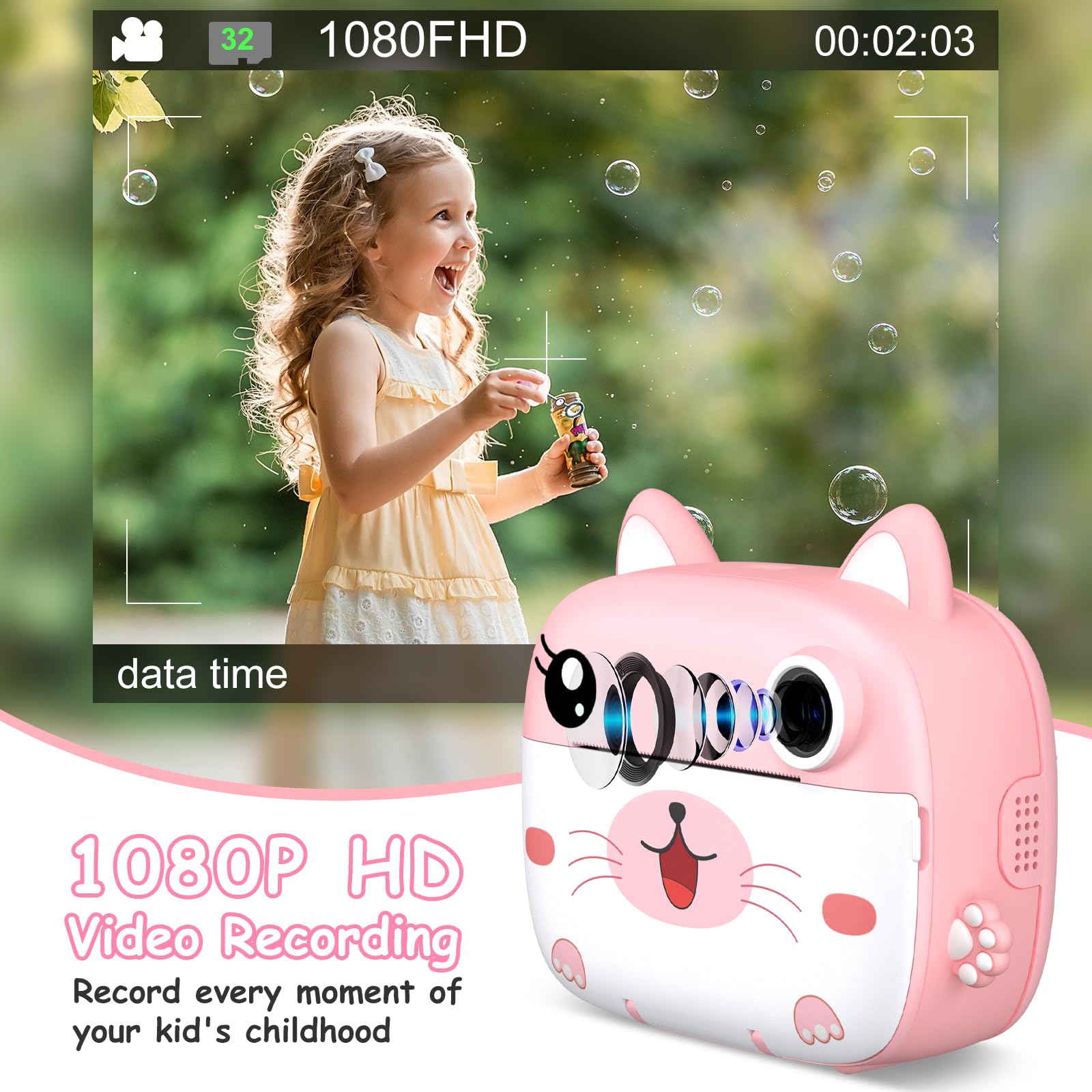 Macchina Fotografica Bambini Istantanea, GREENKINDER 2.4 Pollici/1080P HD Fotocamera Istantanea Bambini Digitale con 32GB Scheda & 5 Penne Colorat, Carta da Stampa, Regalo per Bambini dai 3-12 Anni