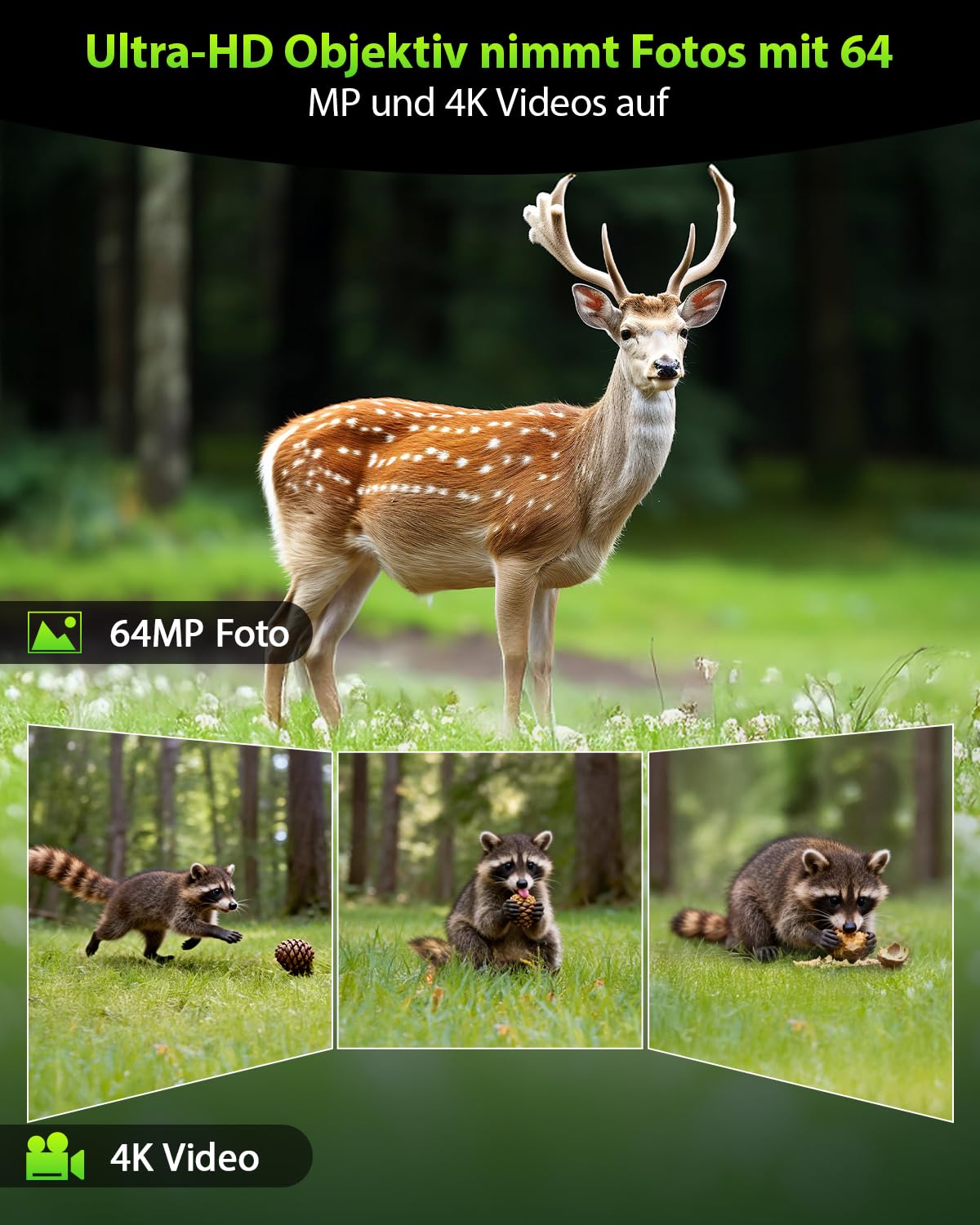 KJK Wildkamera mit Handyübertragung APP, 4K 64MP HD WLAN Bluetooth mit 64GB Speicherkarte, Wildkamera mit Bewegungsmelder Nachtsicht, 0.1s Auslöser, IP67 Wasserdicht, 130° Weitwinkel