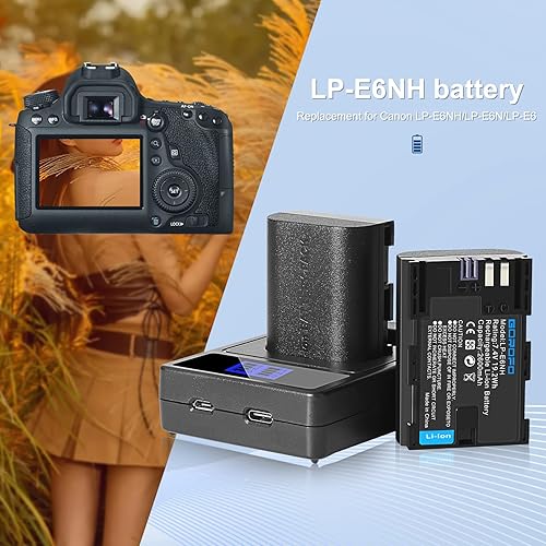 Miniatura 7 de Paquete de 2 baterías LP-E6NH  LP-E6 y cargador, para Canon EOS R R5 R6 R7 5D Mark II III y IV 90D 70D 5Ds 6D 5Ds 80D 7D 60D 5Ds MKii, MKii MKiii