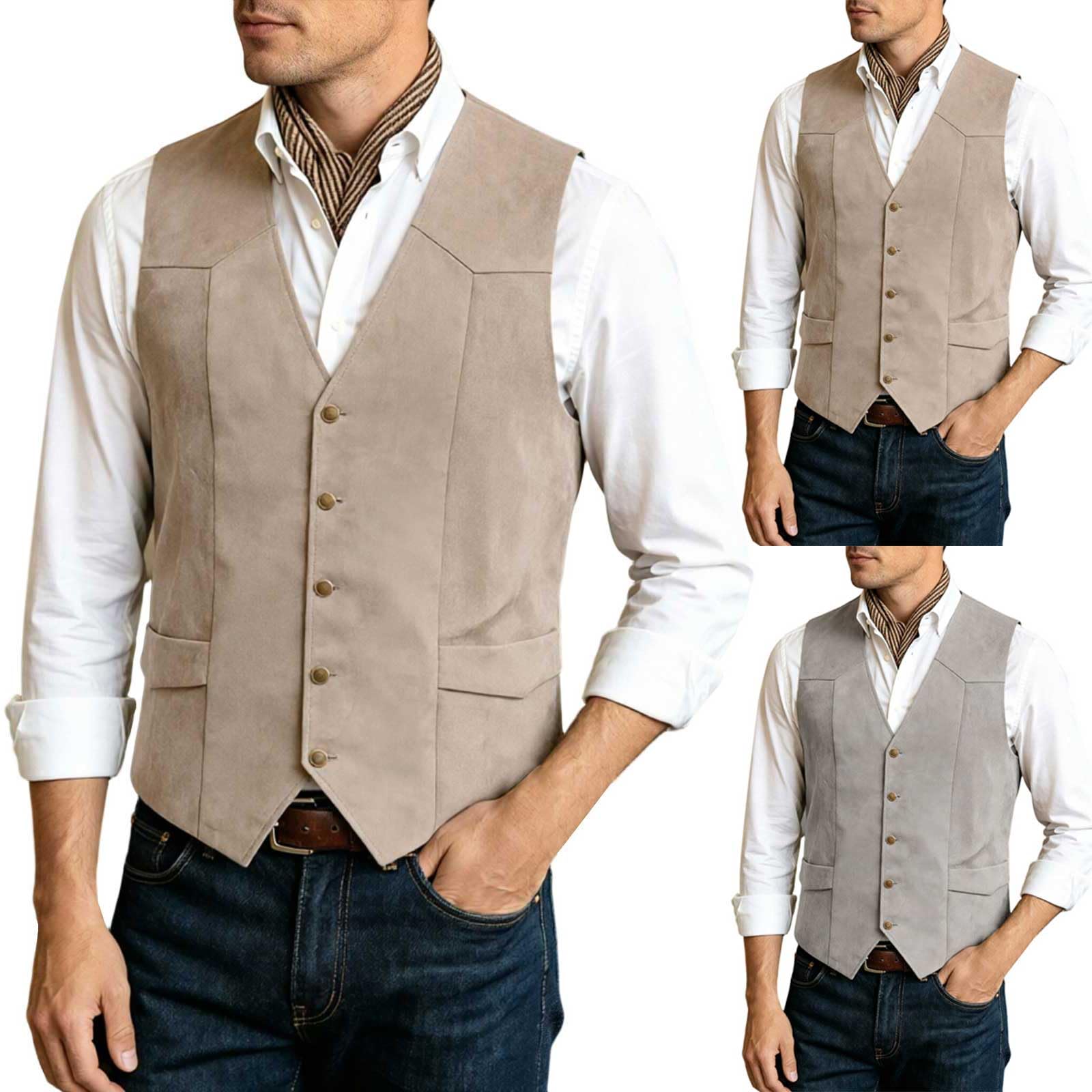 Mens Suede Waistcoat Deep V-Neck Vintage Business Retro