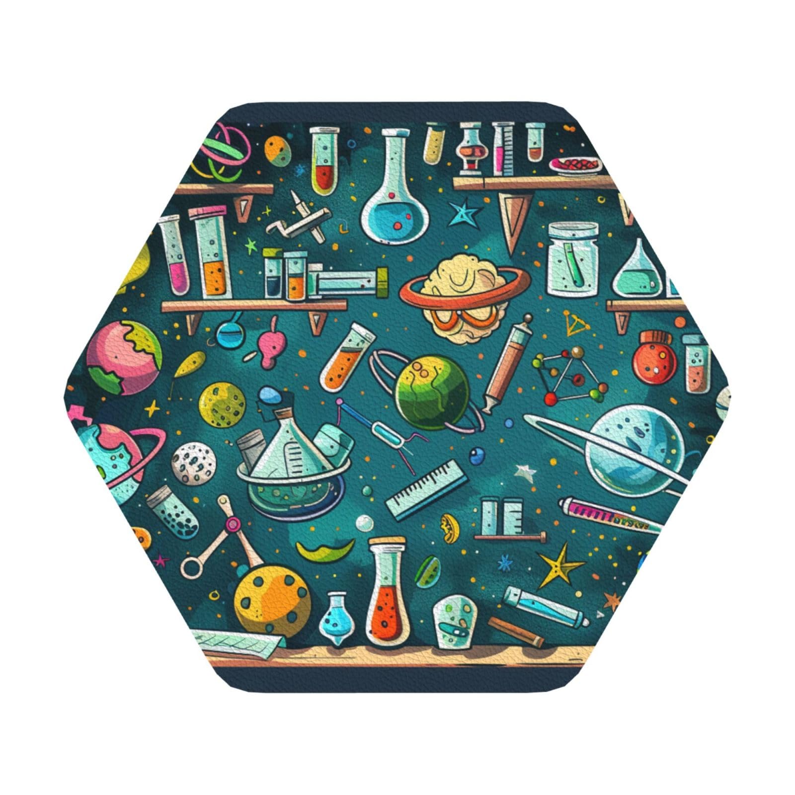 Cartoon Science Theme Print Leather Coaster Set of 6, Hexagon Coasters Table Decorative Coffee Cup Beverage Coasters Wine Beer Bar Coasters for Hot Drinks Table Protection