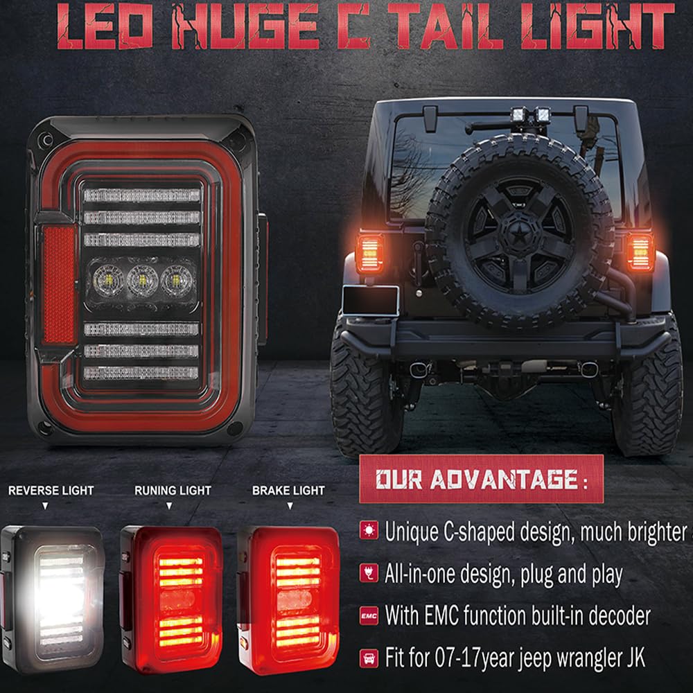 SXMA Versione europea luci posteriori a LED, luci di freno, luci di direzione, luci di retromarcia, luci di segnalazione diurne per Jeep 07-17 Wrangler JK (1 coppia)