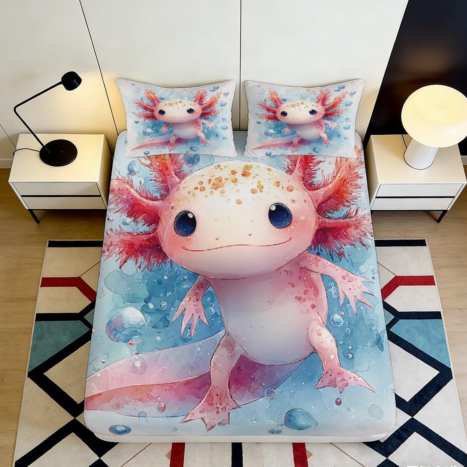 3D Printed Aquatic Design Fitted Sheet Microfiber Deep Pocket Bedroom Bedding Non-Slip Axolotl Mattress Fitted Cover 200x200x25cm 90x200x25cm