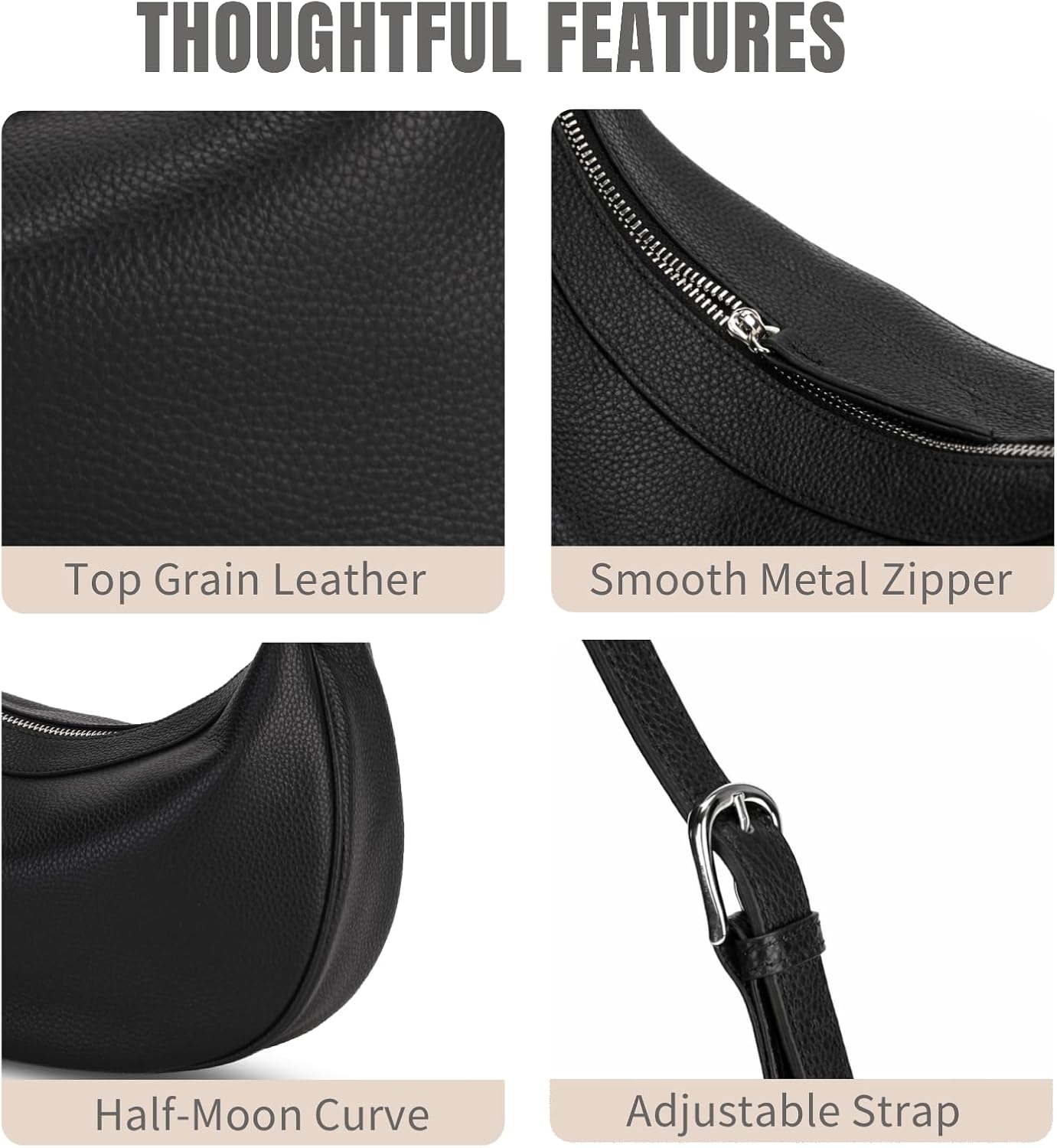Genuine Leather Hobo Crossbody Bag for Women, Crescent Shoulder Purse with Two Adjustable Straps