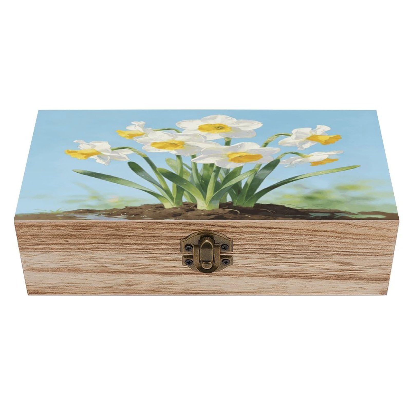 LZQPOEAS Narcissus Wooden Keepsake Box Wooden Storage Box Container with Hinged Lid Beautiful Wood Memory Box Decorative Jewelry Case for Crafts Art Hobbies & Trinket Storage